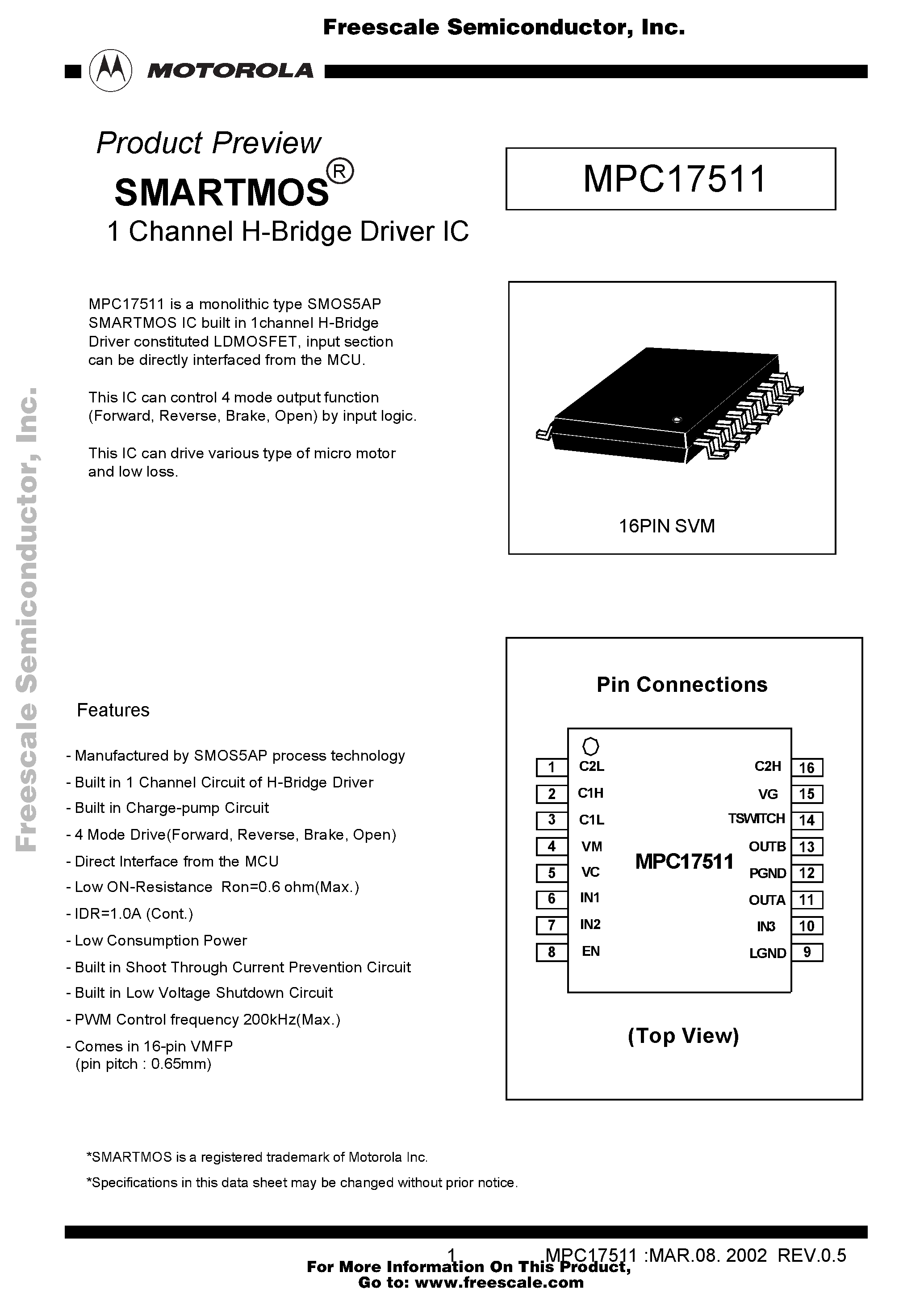 Даташит MPC17511 - 1 Channel H-Bridge Driver IC страница 1