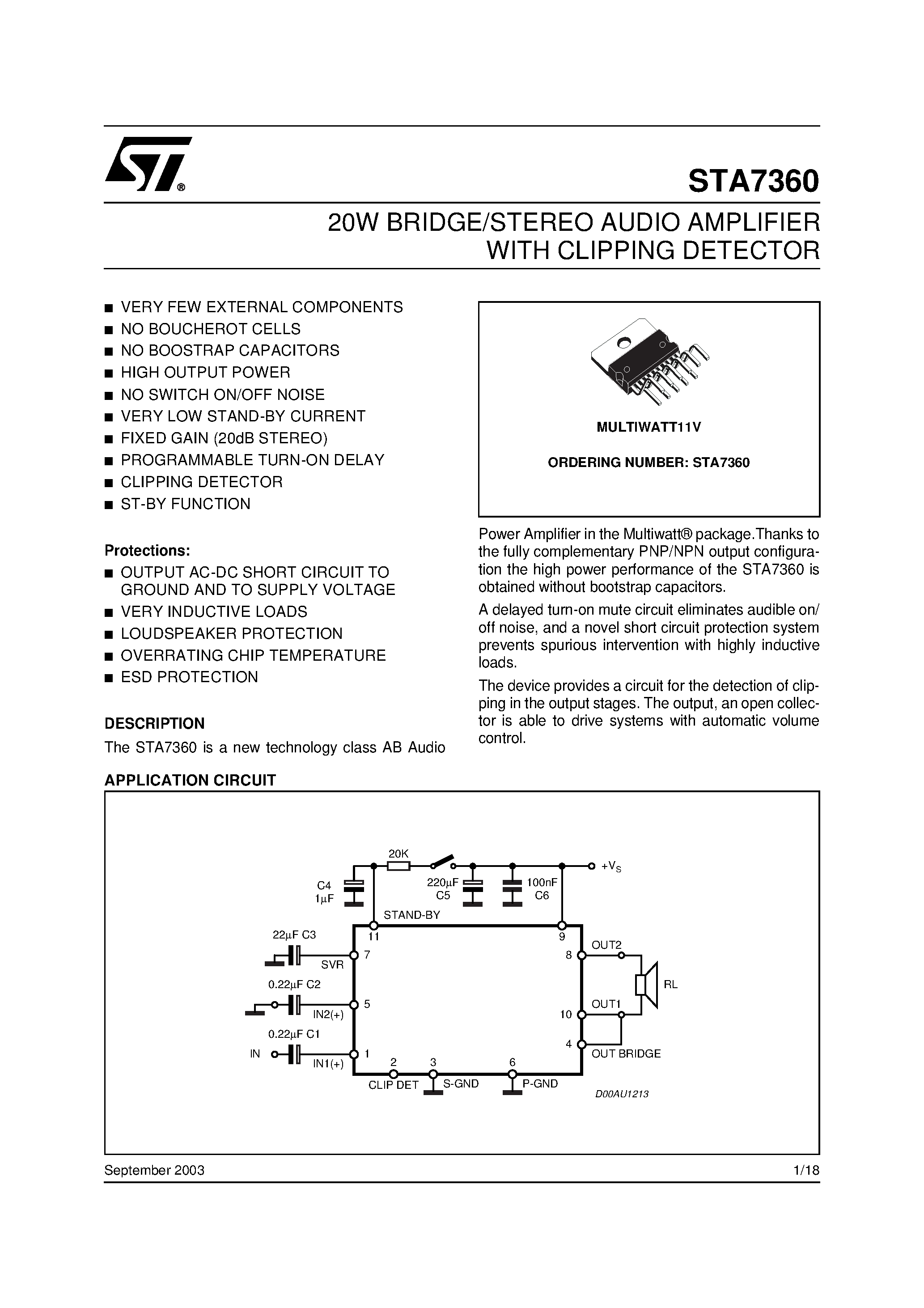 Даташит STA7360 - 20W BRIDGE/STEREO AUDIO AMPLIFIER WITH CLIPPING DETECTOR страница 1