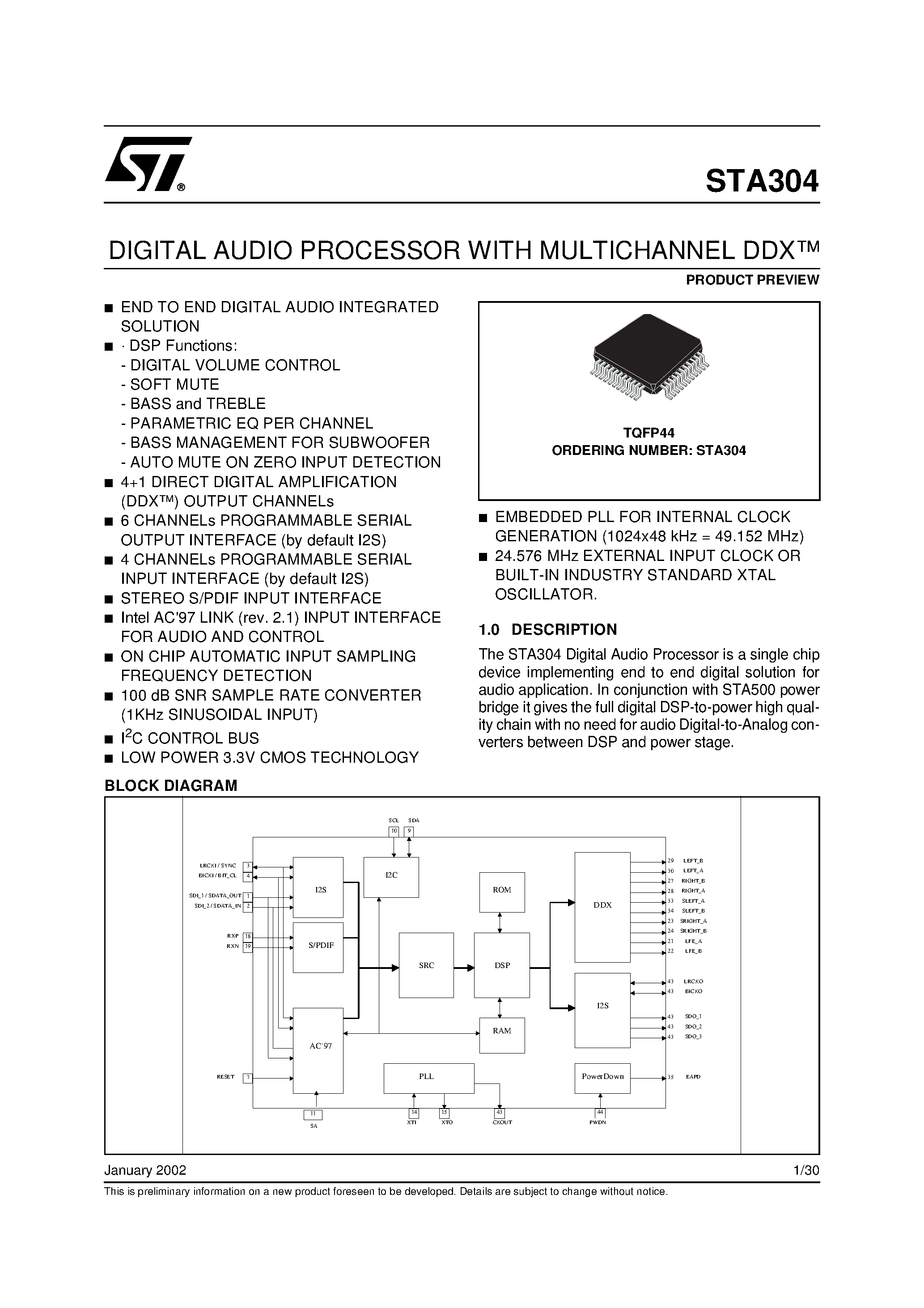 Даташит STA304 - DIGITAL AUDIO PROCESSOR WITH MULTICHANNEL DDX страница 1