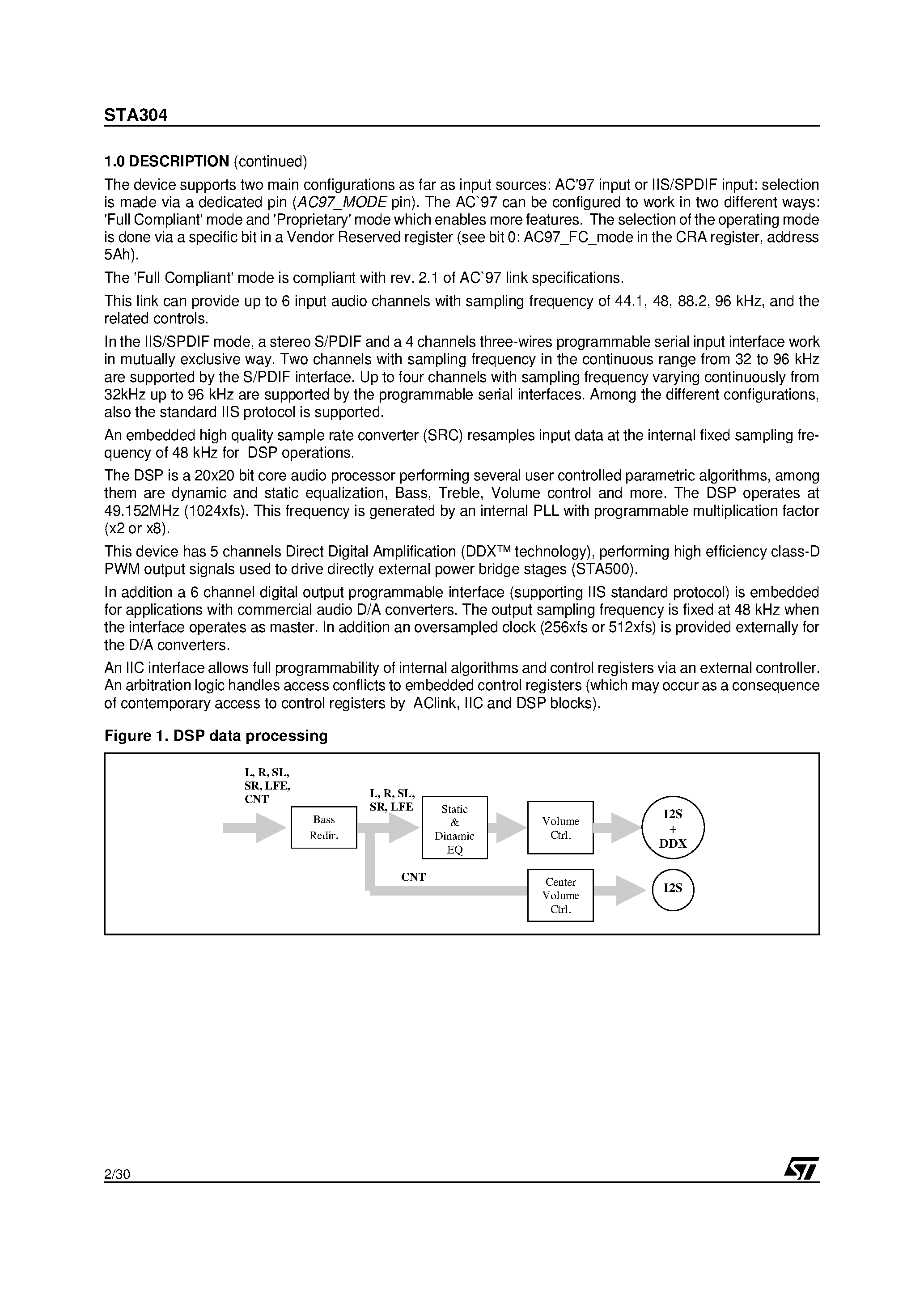 Даташит STA304 - DIGITAL AUDIO PROCESSOR WITH MULTICHANNEL DDX страница 2