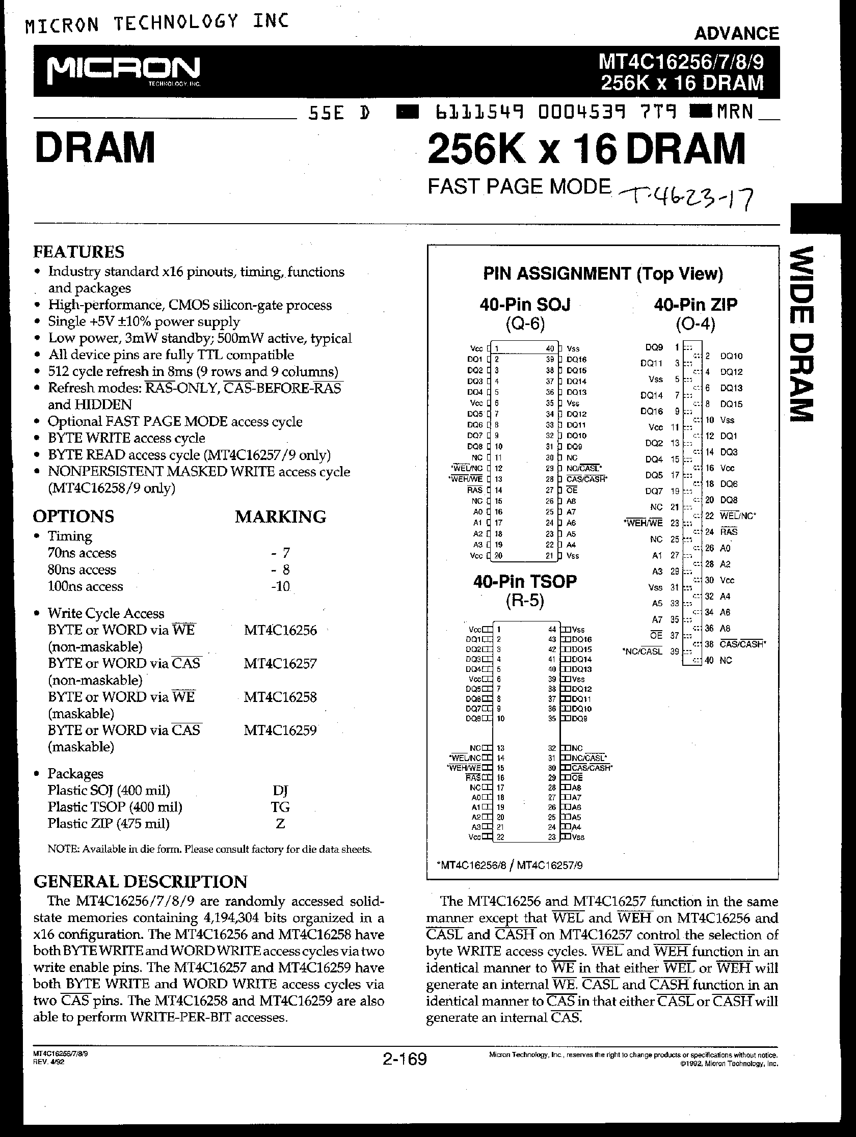 Даташит MT4C16256 - 256K x 16 DRAM (MT4C16256/7/8/9) страница 1