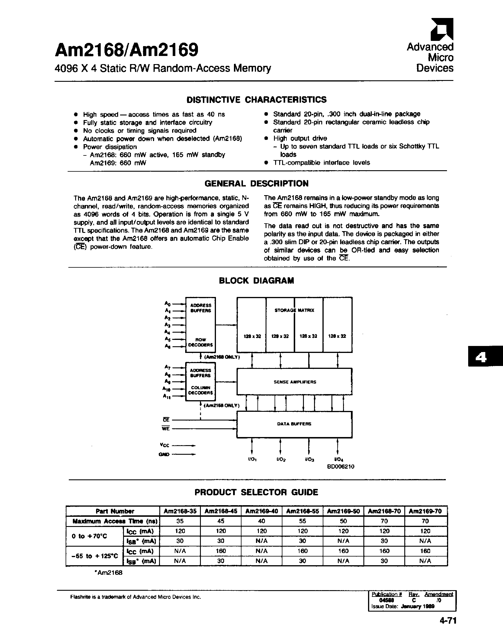 Datasheet AM2168 - 4096 x 4 Static R/W Random-Access Memory page 1