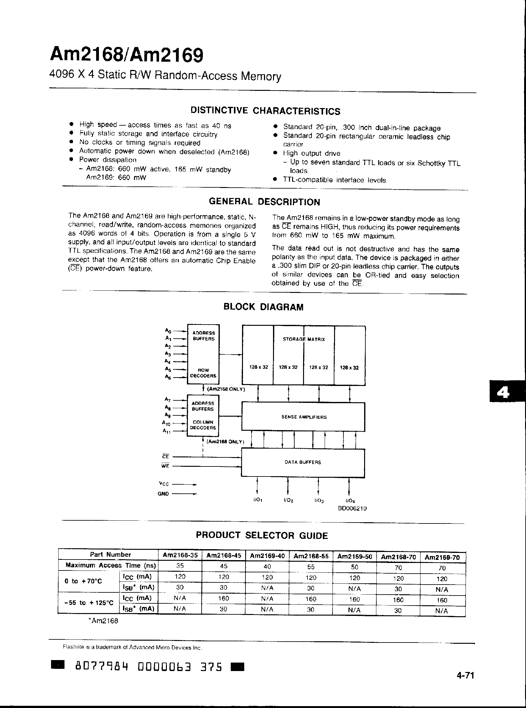 Datasheet AM2168 - 4096 x 4 Static R/W Random-Access Memory page 1