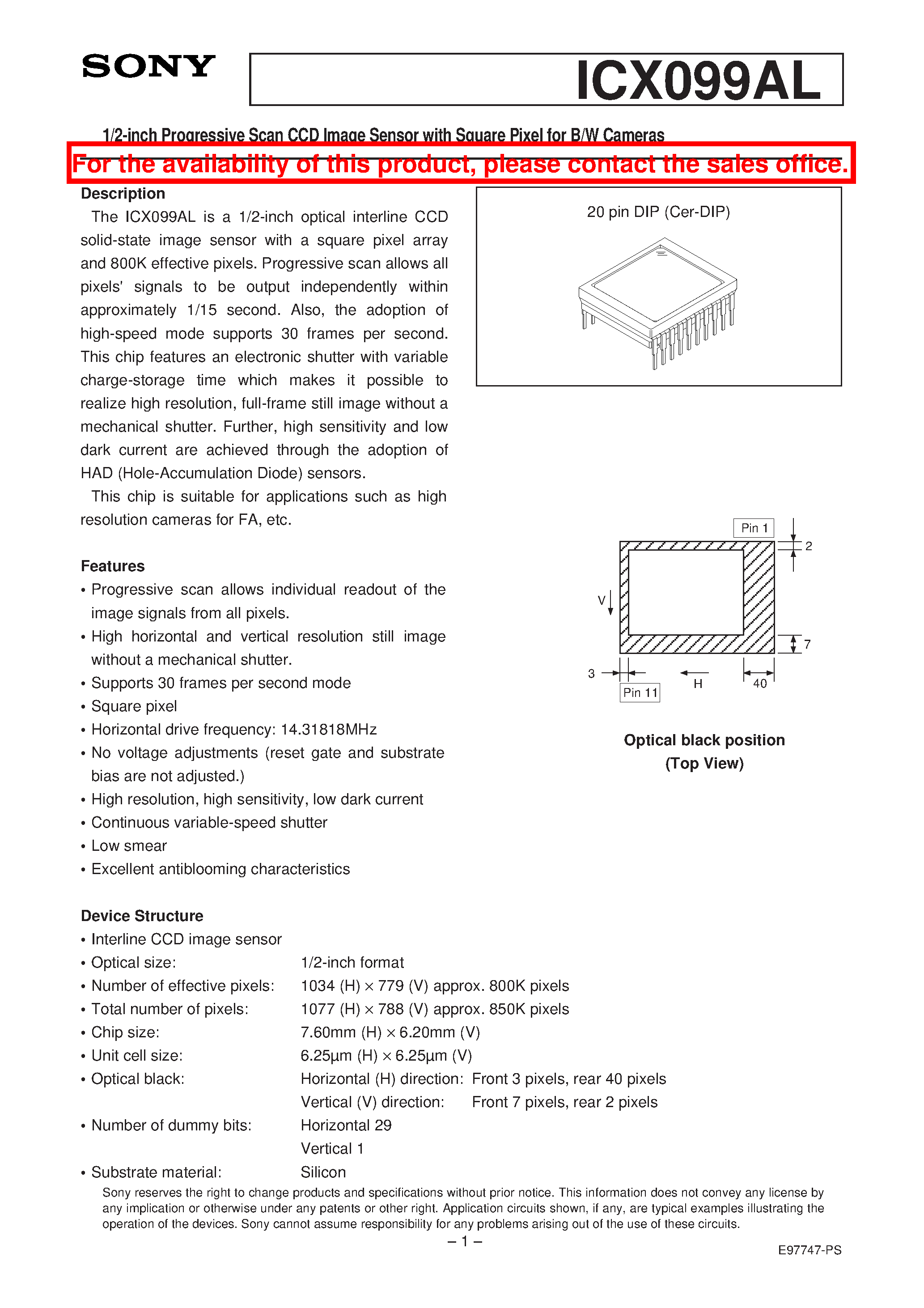 Datasheet ICX099AL - 1/2-inch Progressive Scan CCD Image Sensor with Square Pixel for B/W Cameras page 1