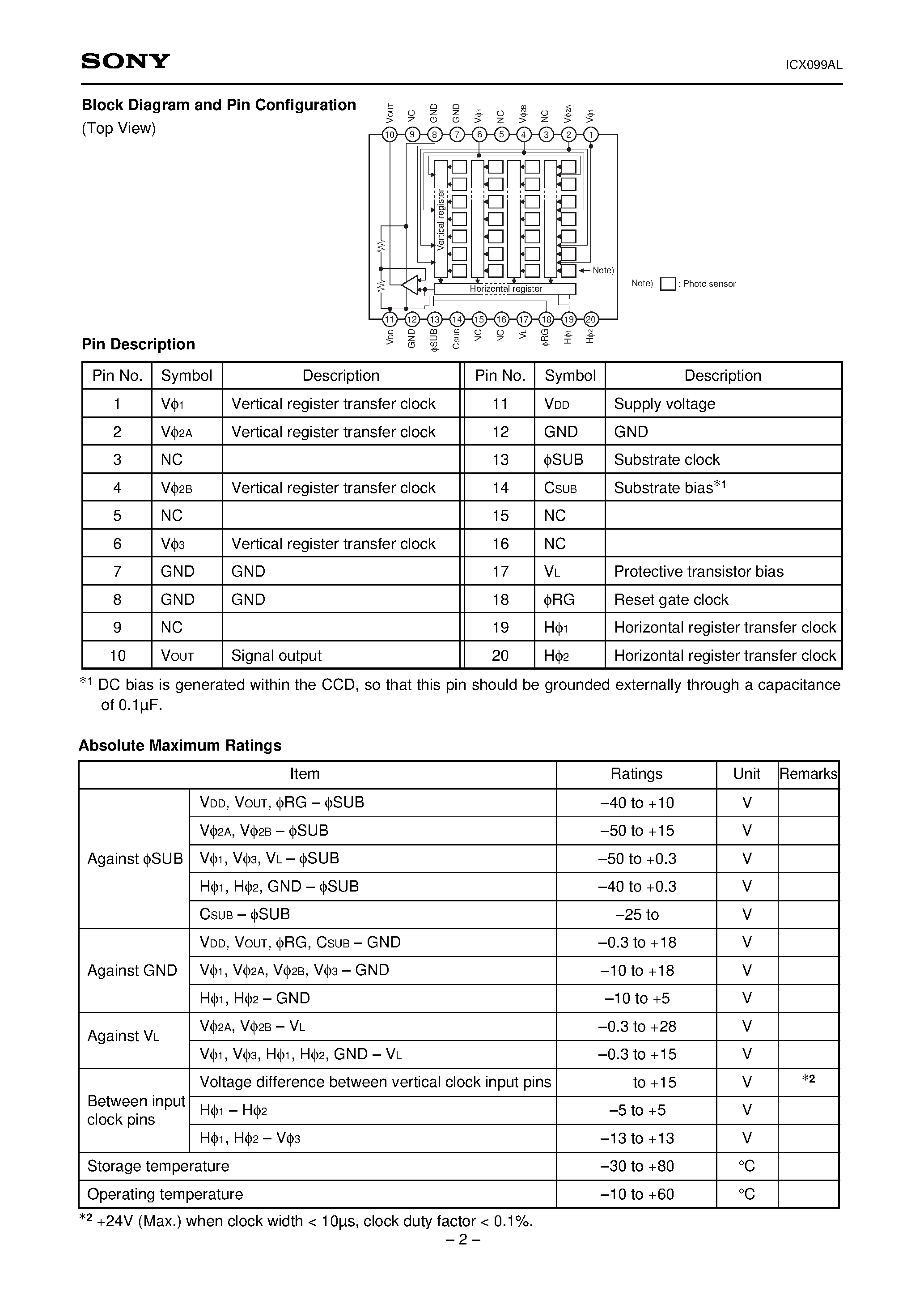 Datasheet ICX099AL - 1/2-inch Progressive Scan CCD Image Sensor with Square Pixel for B/W Cameras page 2