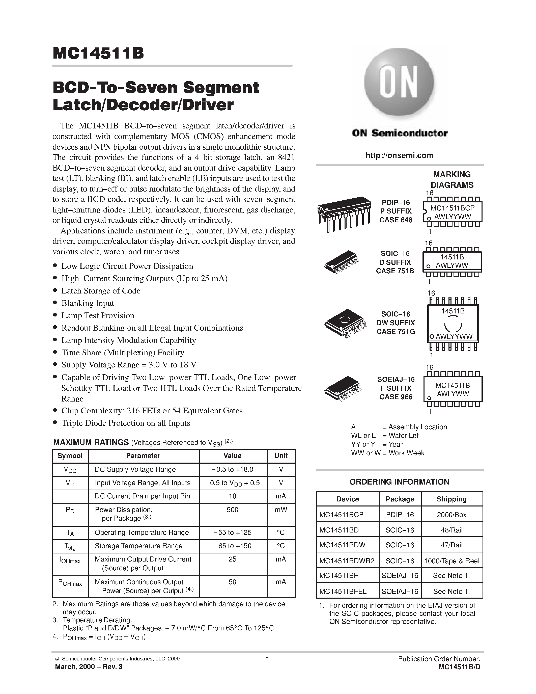 Даташит MC14511B - BCD-To-Seven Segment Latch/Decoder/Driver страница 1