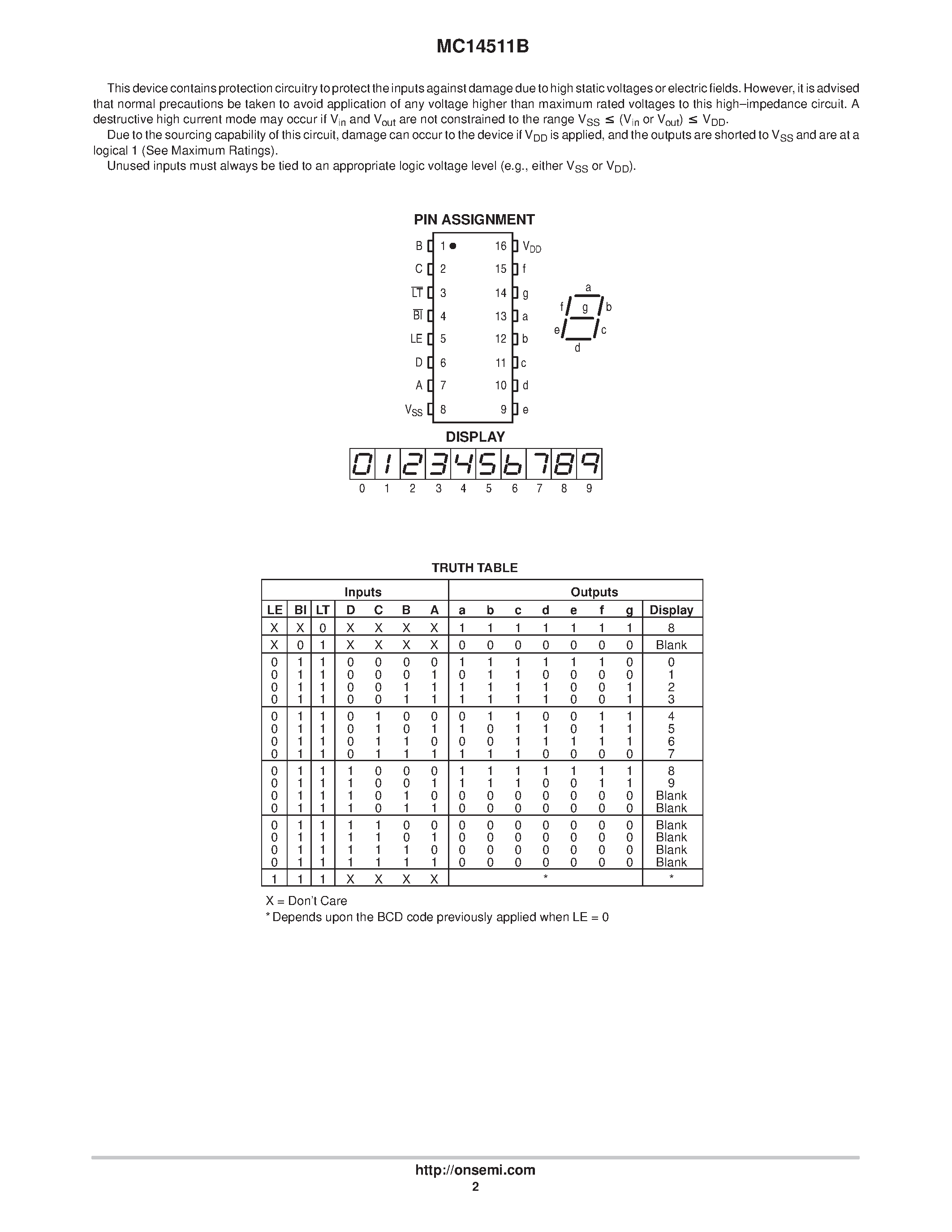 Даташит MC14511B - BCD-To-Seven Segment Latch/Decoder/Driver страница 2