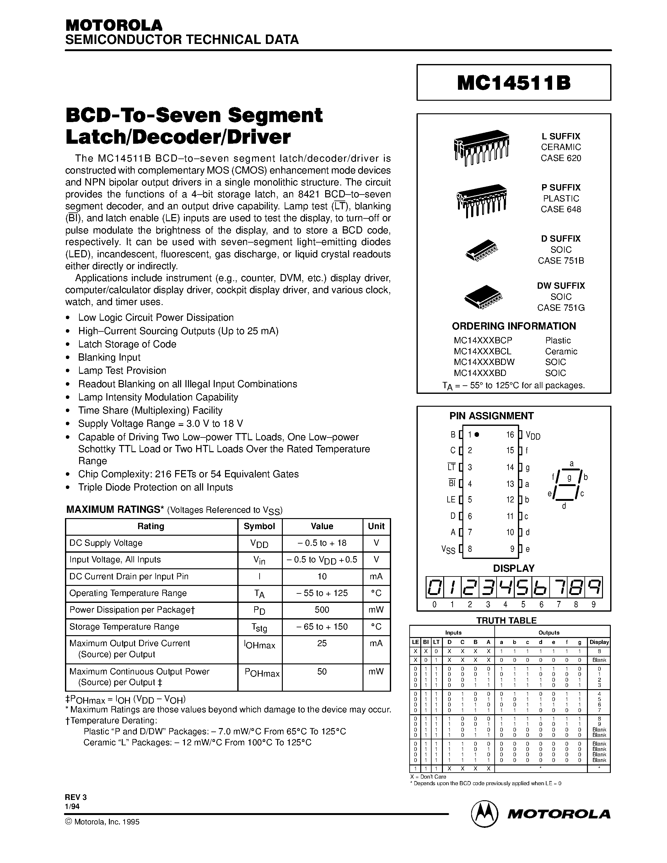 Даташит MC14511B - BCD-To-Seven Segment Latch/Decoder/Driver страница 1