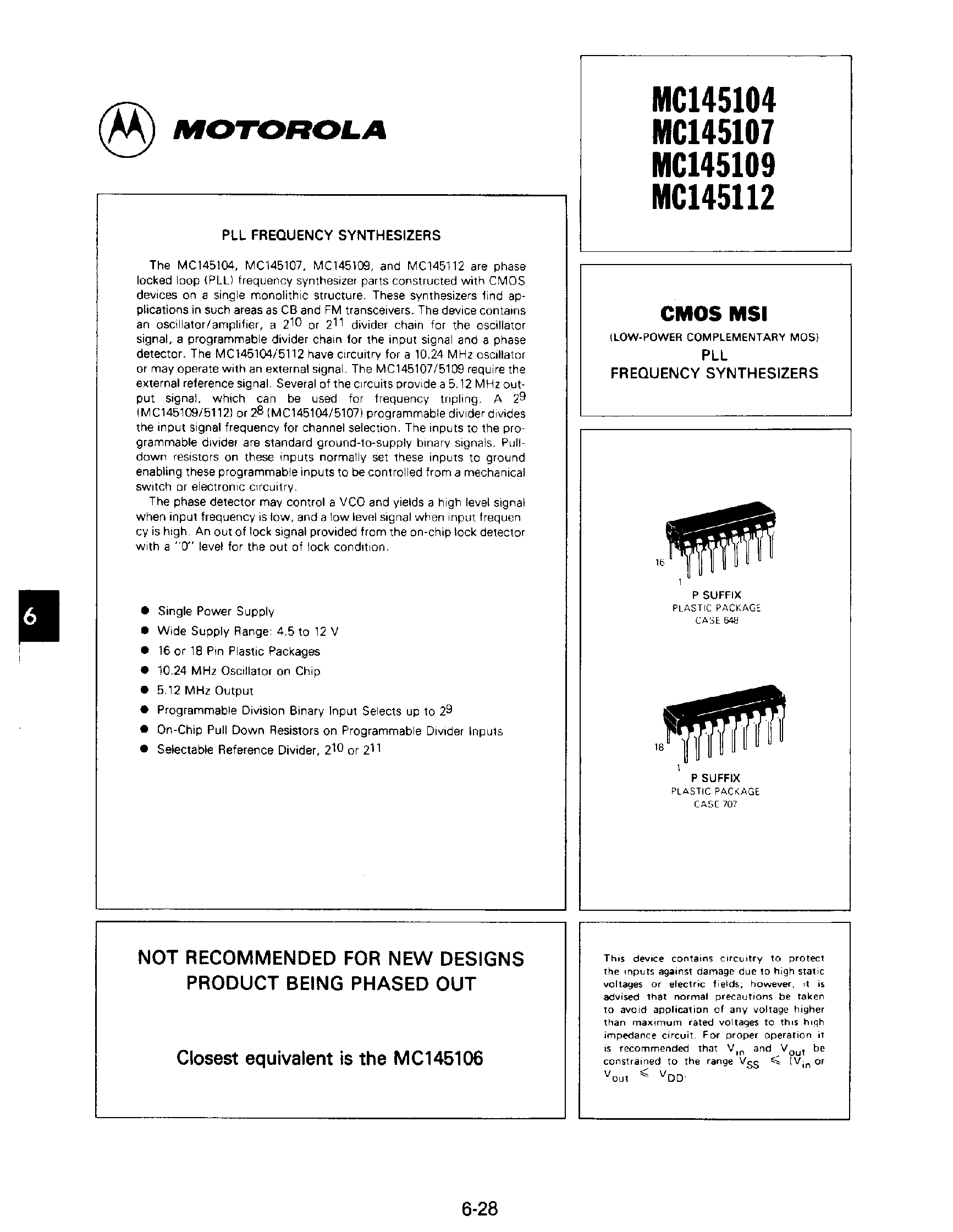 Даташит MC145112 - CMOS MSI / Low Power Complementary MOS страница 1