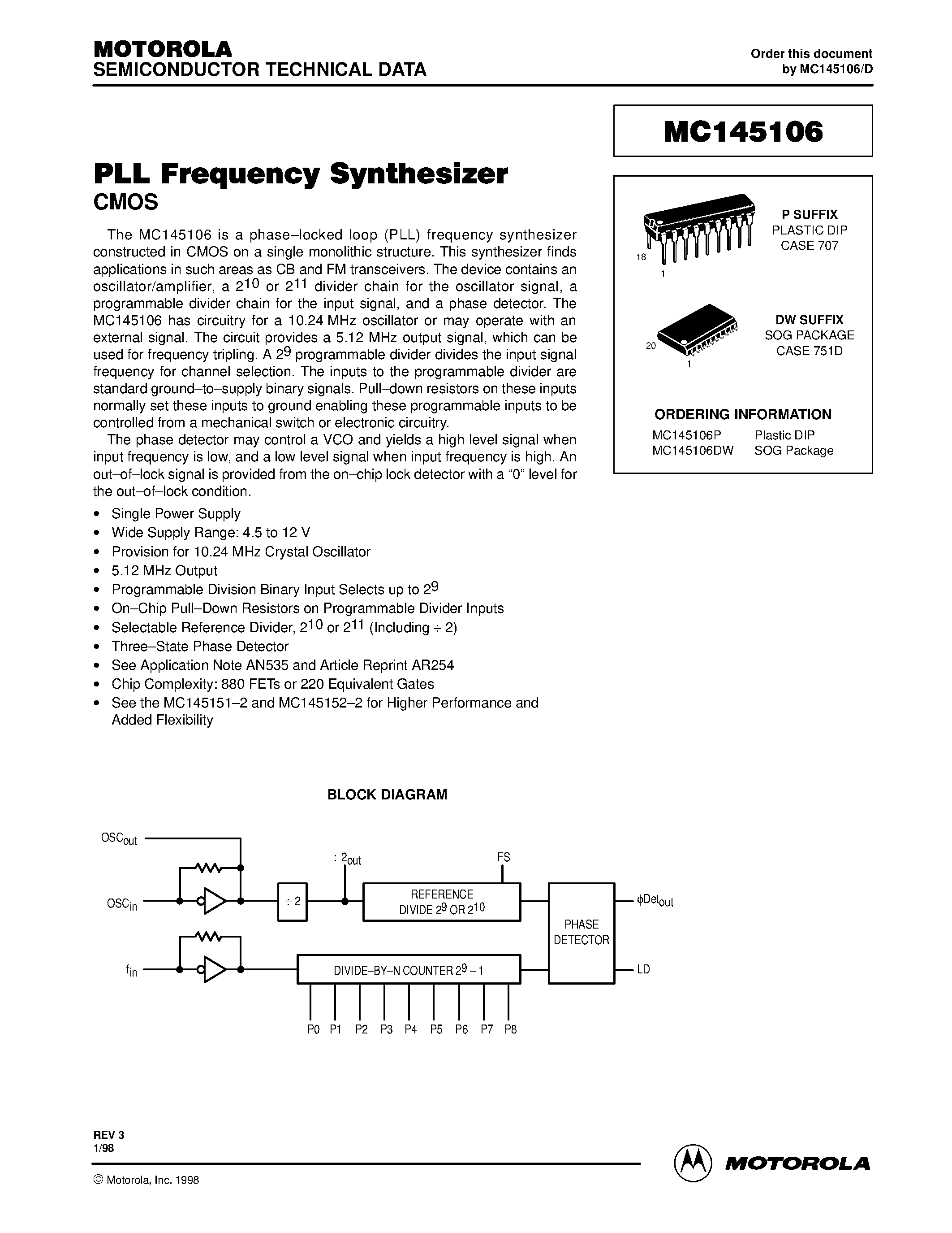 Даташит MC145106 - PLL Frequency Synthesizer страница 1