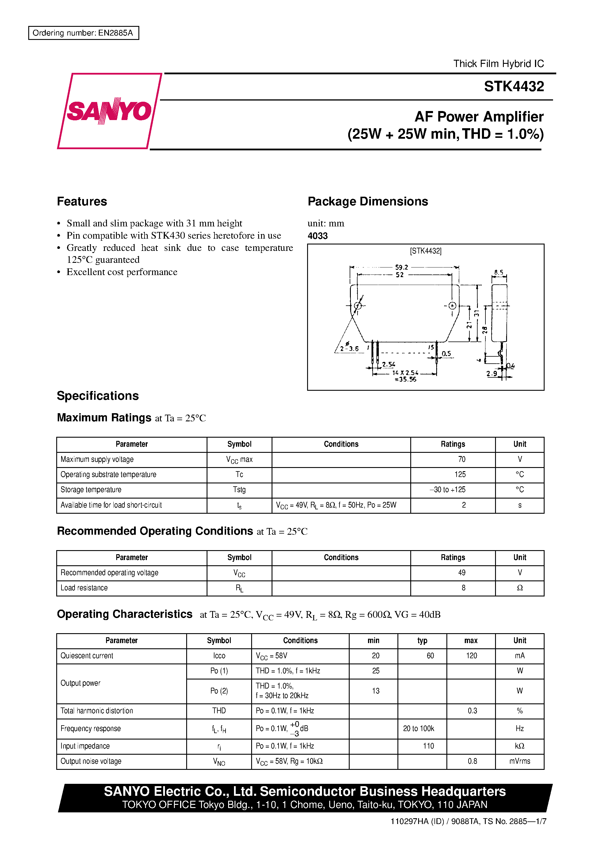 Datasheet STK4432 - AF Power Amplifier (25W + 25W min / THD = 1.0%) page 1