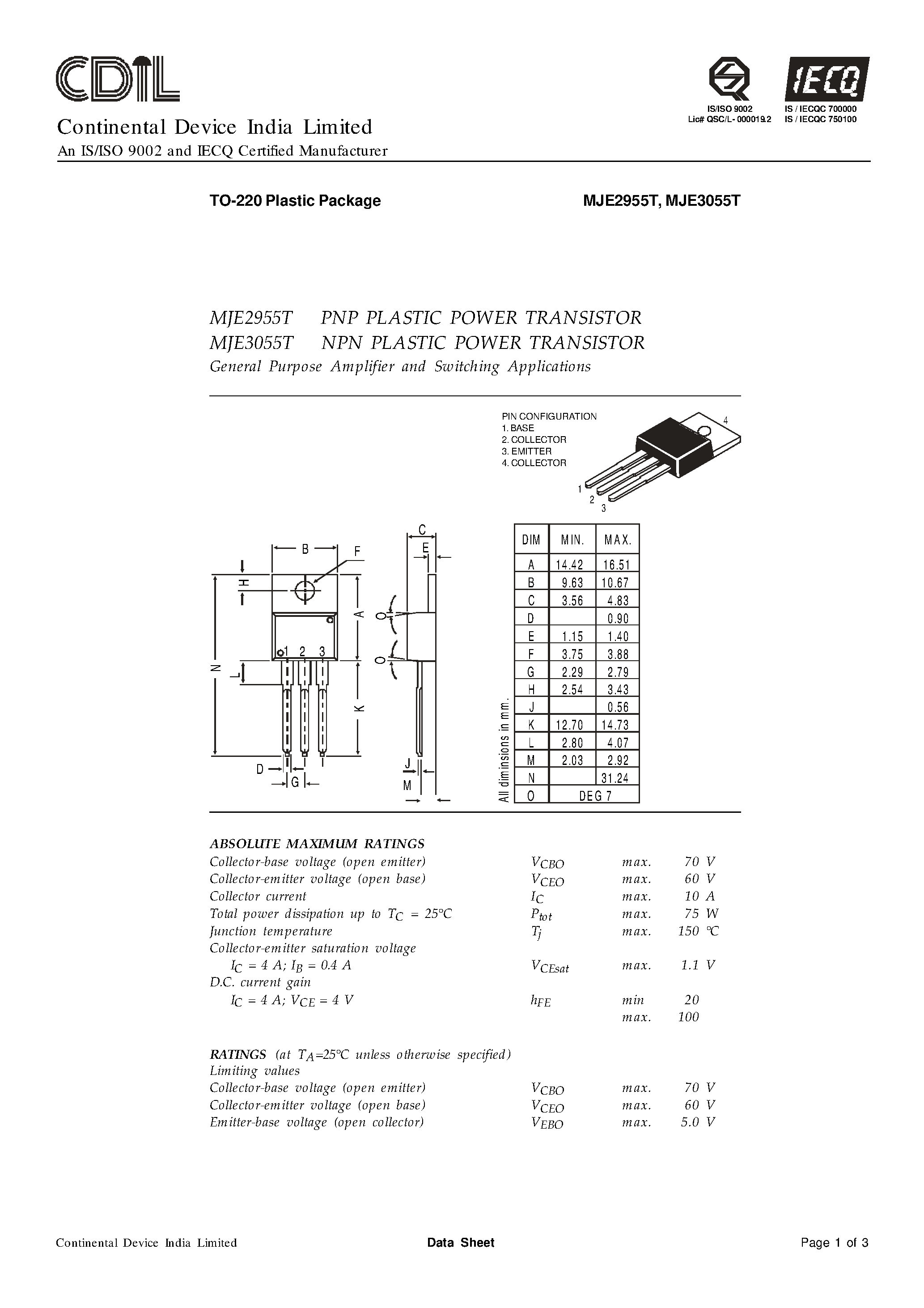 Даташит MJE3055T - NPN Plastic Power Transistor страница 1