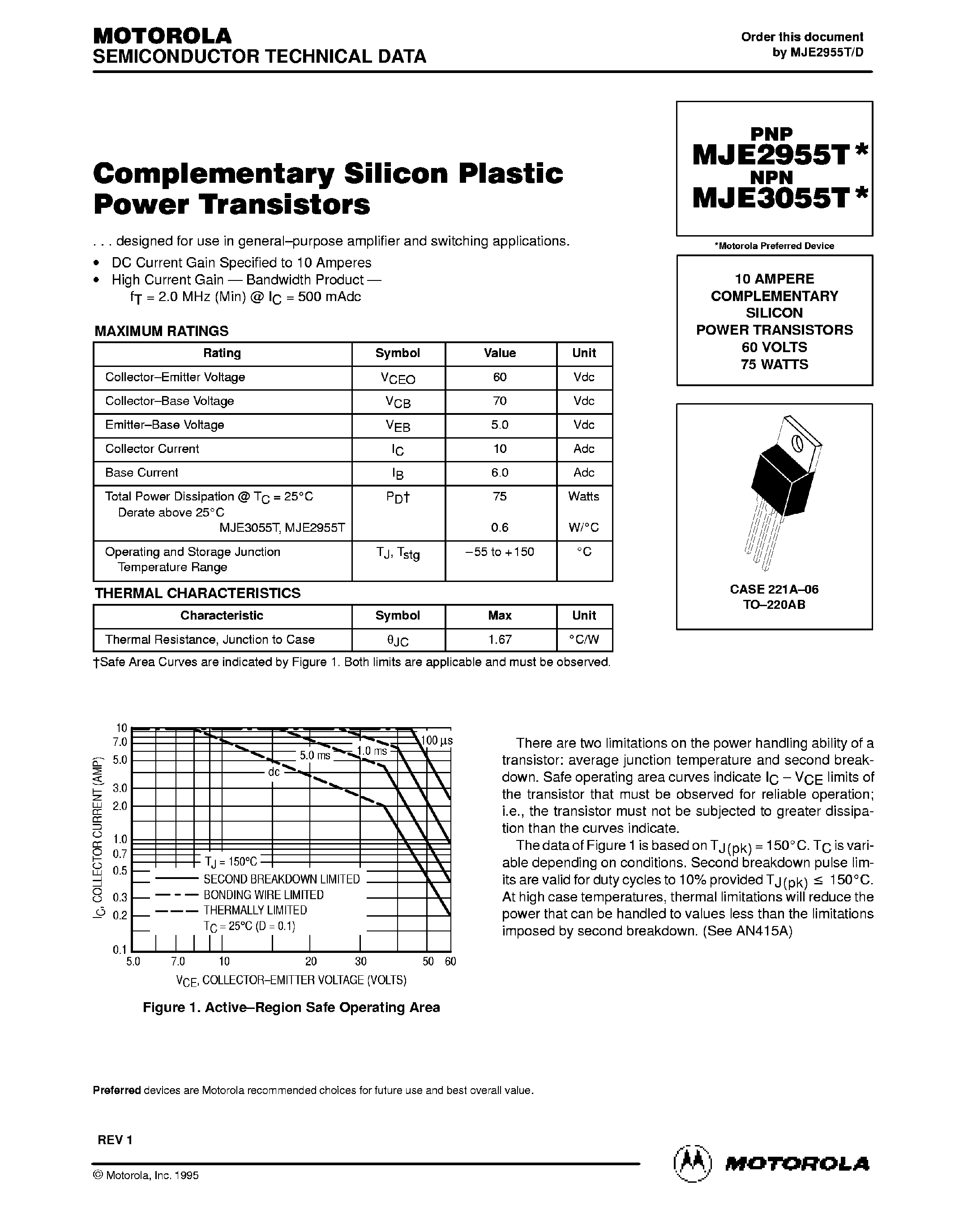 Даташит MJE3055T - NPN Transistor страница 1