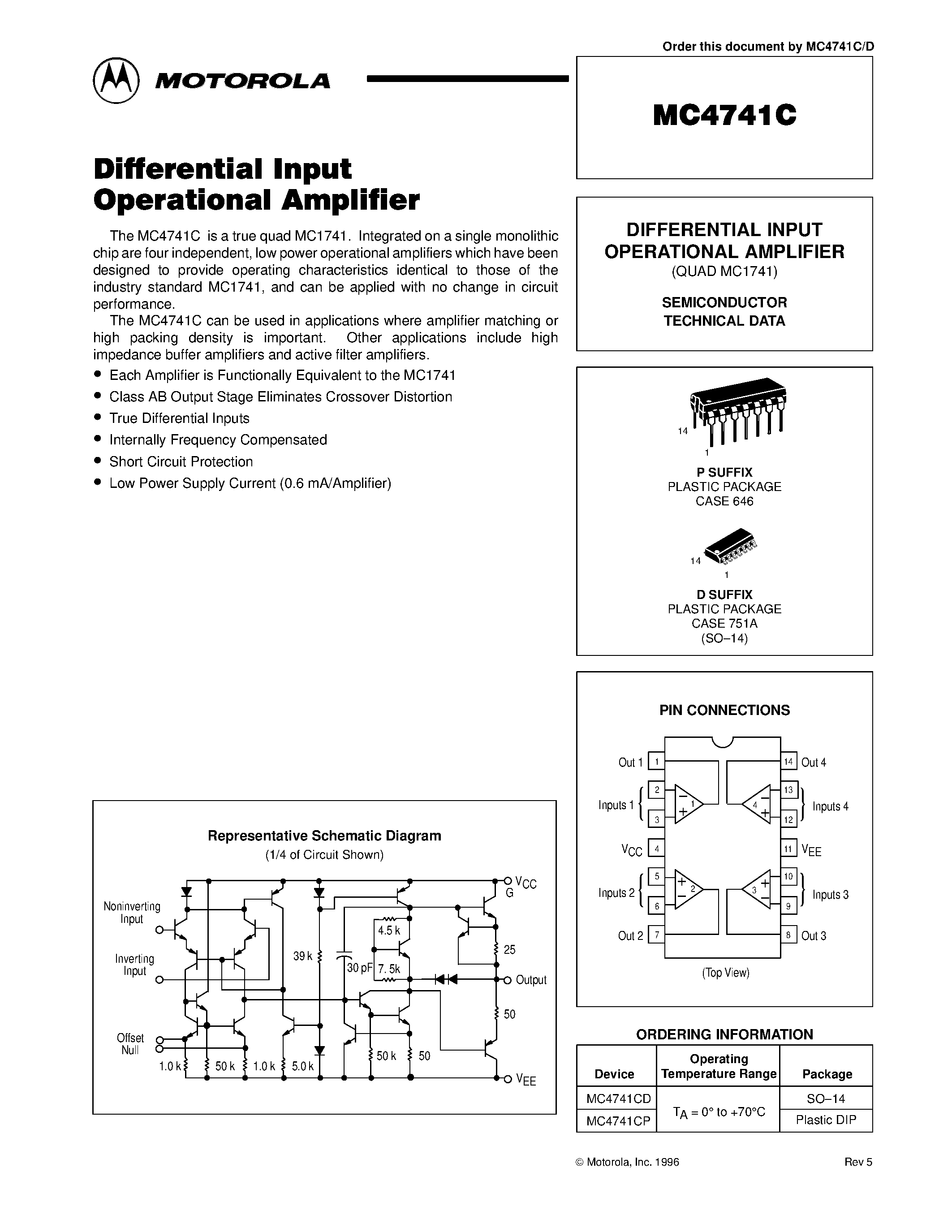 Даташит MC4741C - DIFFERENTIAL INPUT OPERATIONAL AMPLIFIER страница 1