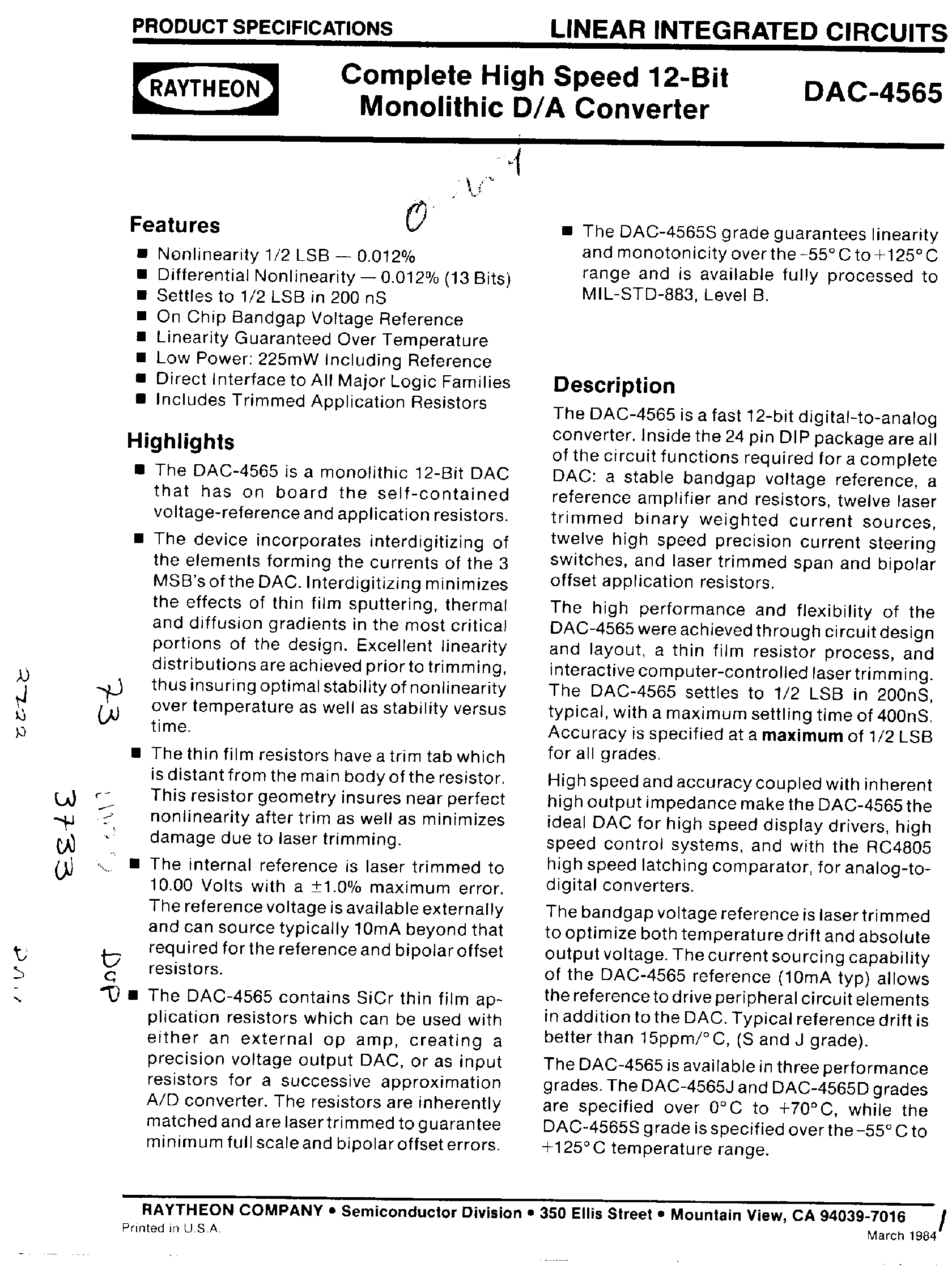 Datasheet DAC-4565 - Complete High Speed 12 Bit Monolithic D/A Converter page 1