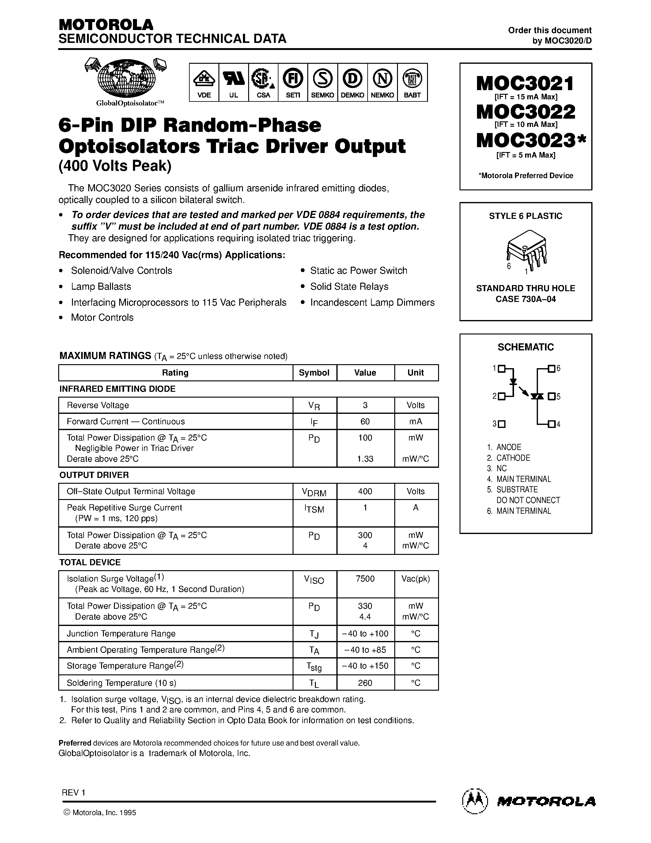 Datasheet MOC302x - 6-Pin DIP Random-Phase Optoisolators Triac Driver Output page 1