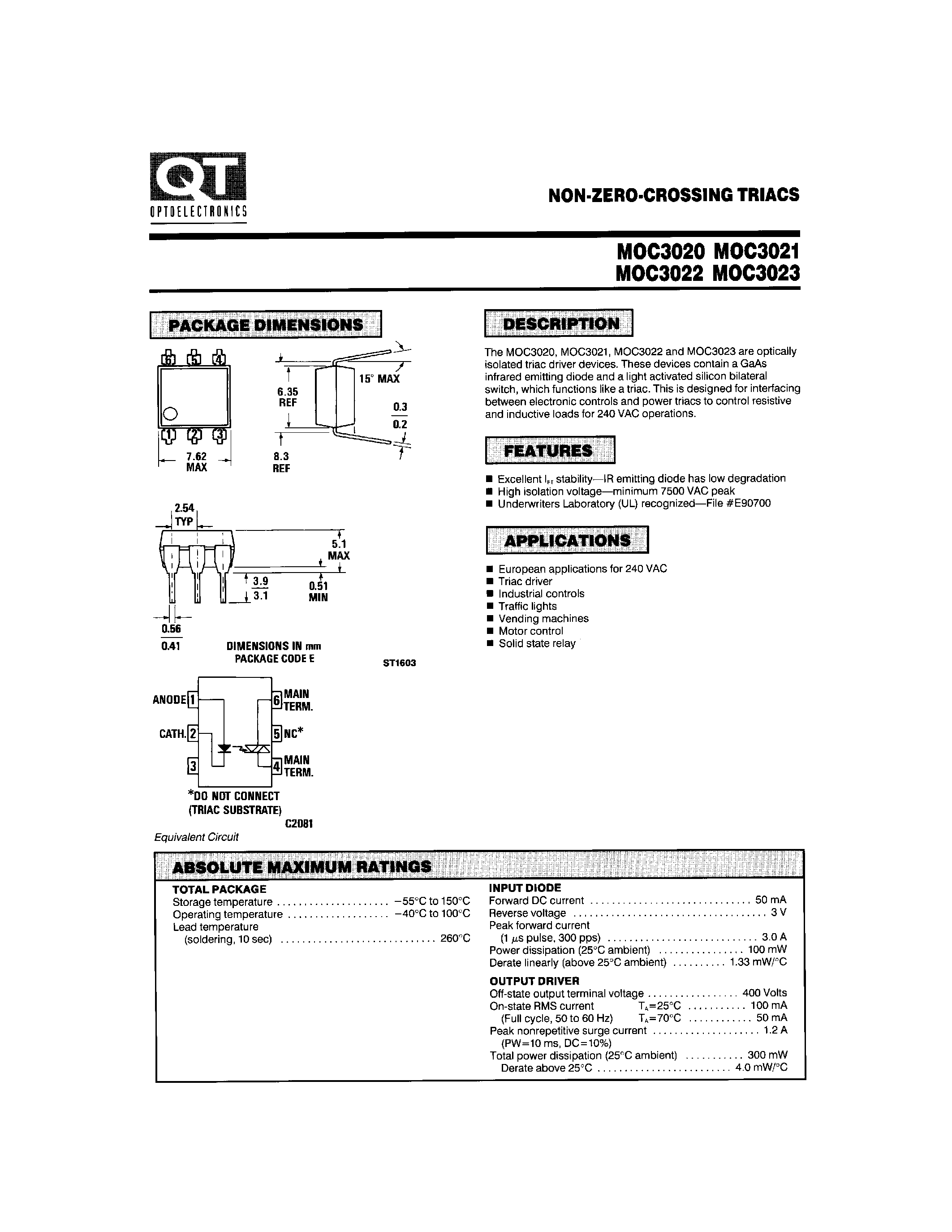 Datasheet MOC302x - non-zero-crossing triacs page 1