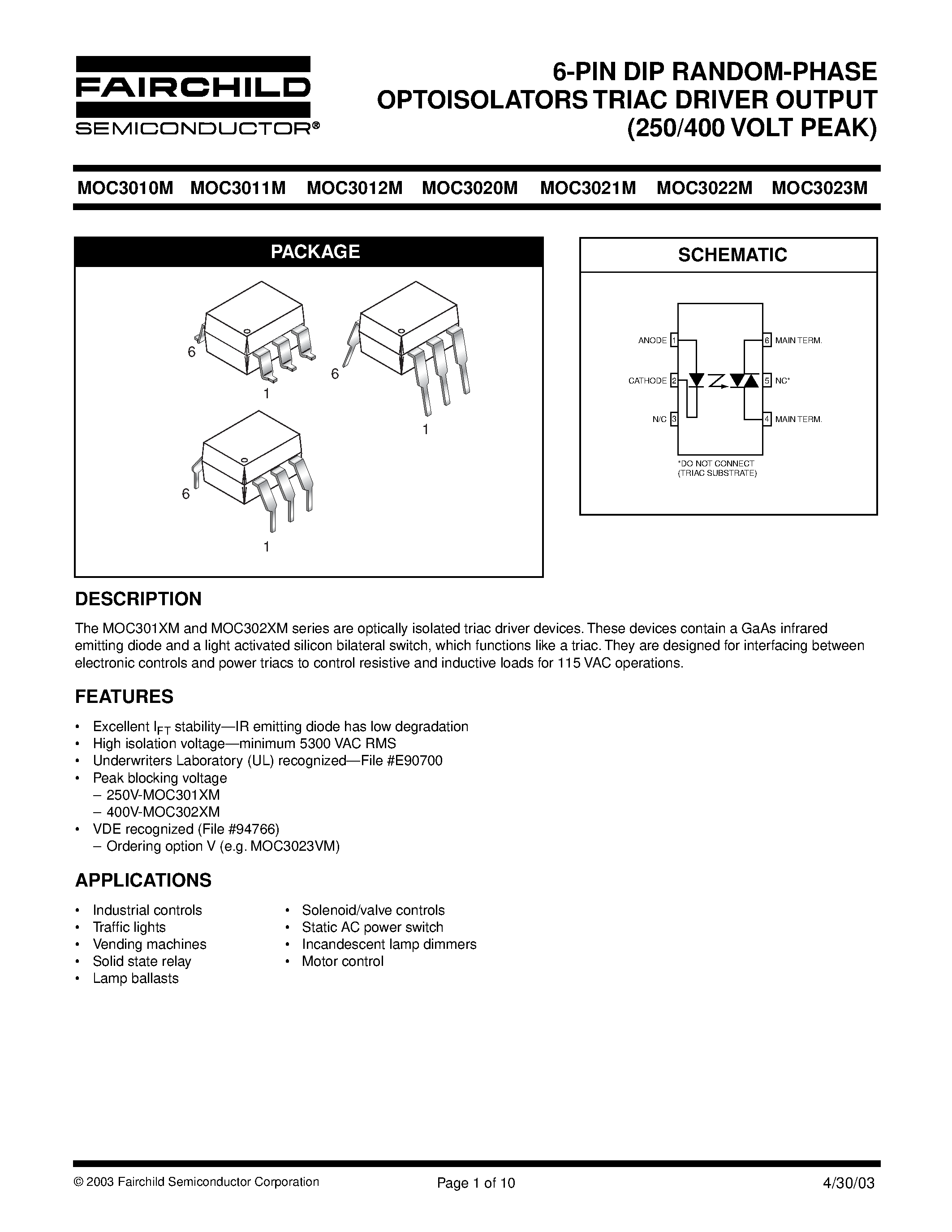 Datasheet MOC302x - 6-PIN DIP RANDOM-PHASE OPTOISOLATORS TRIAC DRIVER OUTPUT page 1