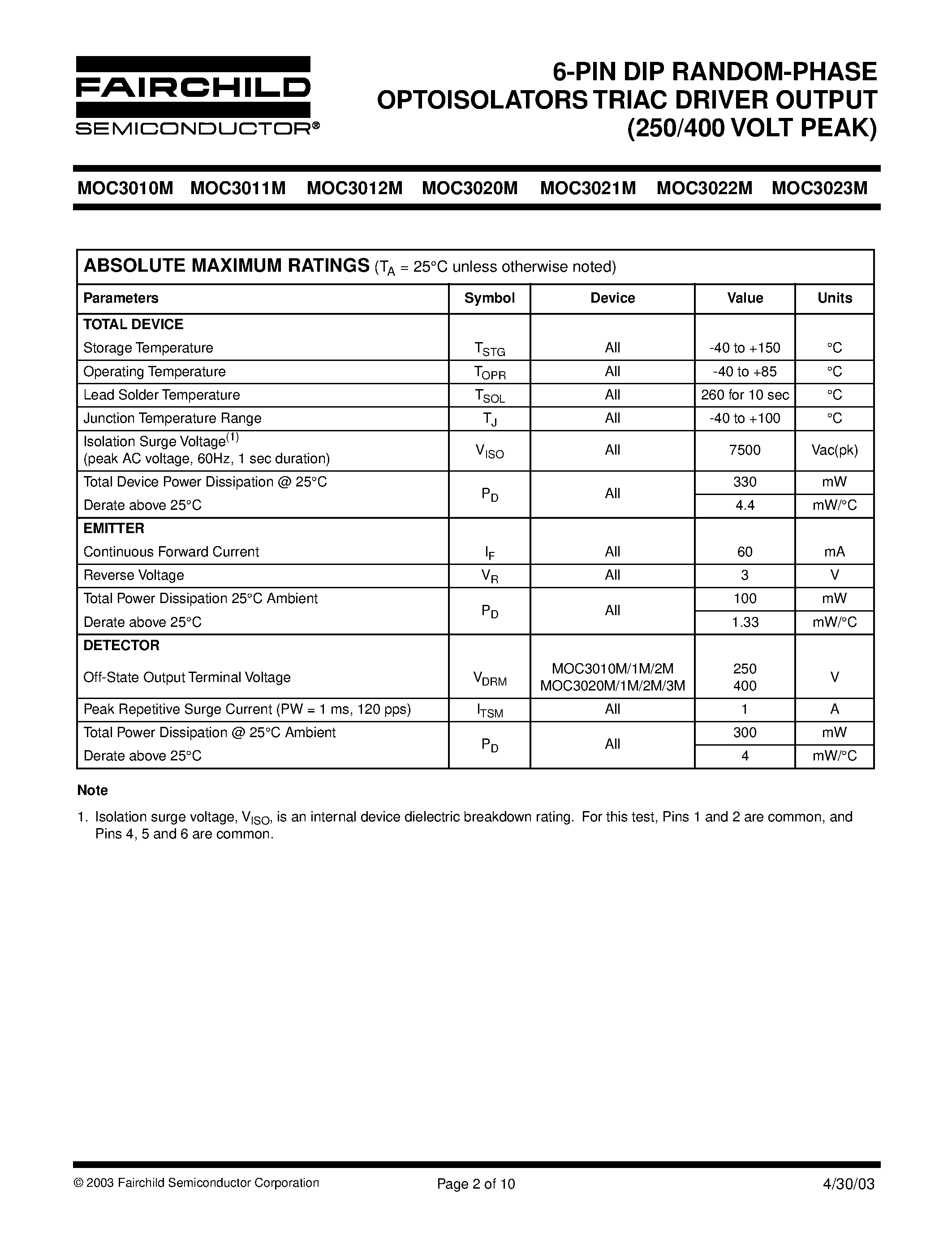 Datasheet MOC302x - 6-PIN DIP RANDOM-PHASE OPTOISOLATORS TRIAC DRIVER OUTPUT page 2