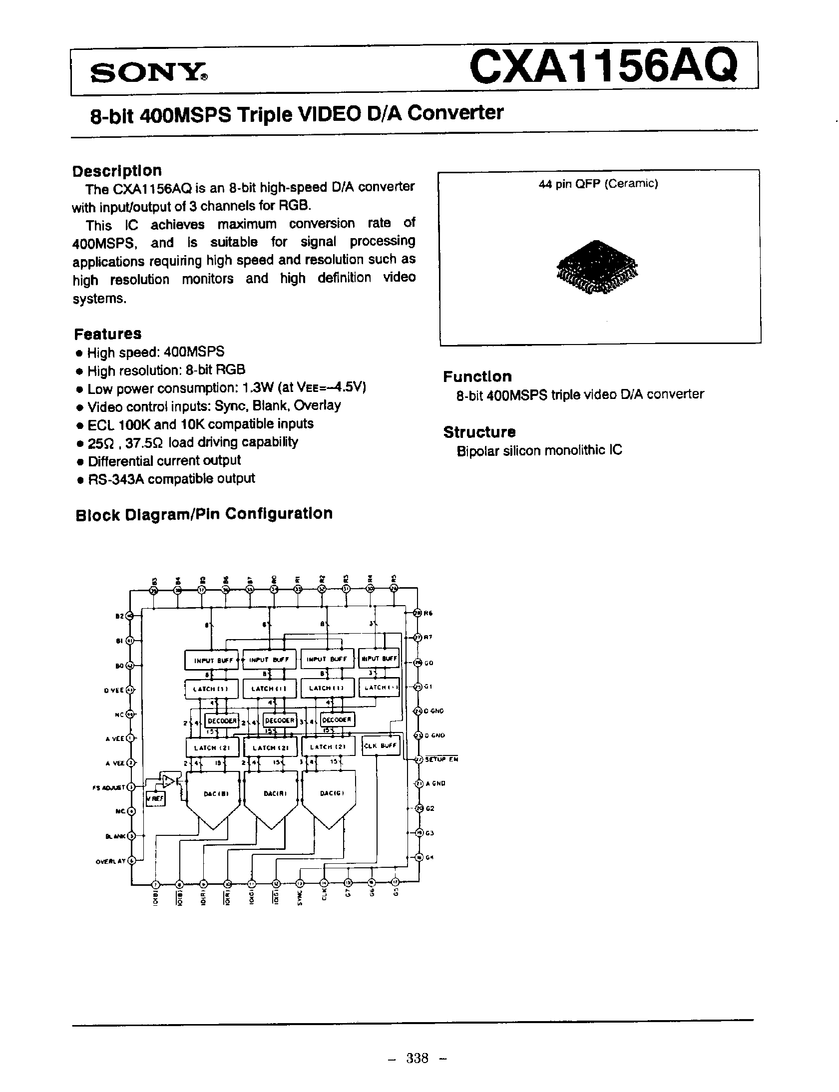 Даташит CXA1156 - 8 Bit 400 MSPS Triple Video D/A Converter страница 1