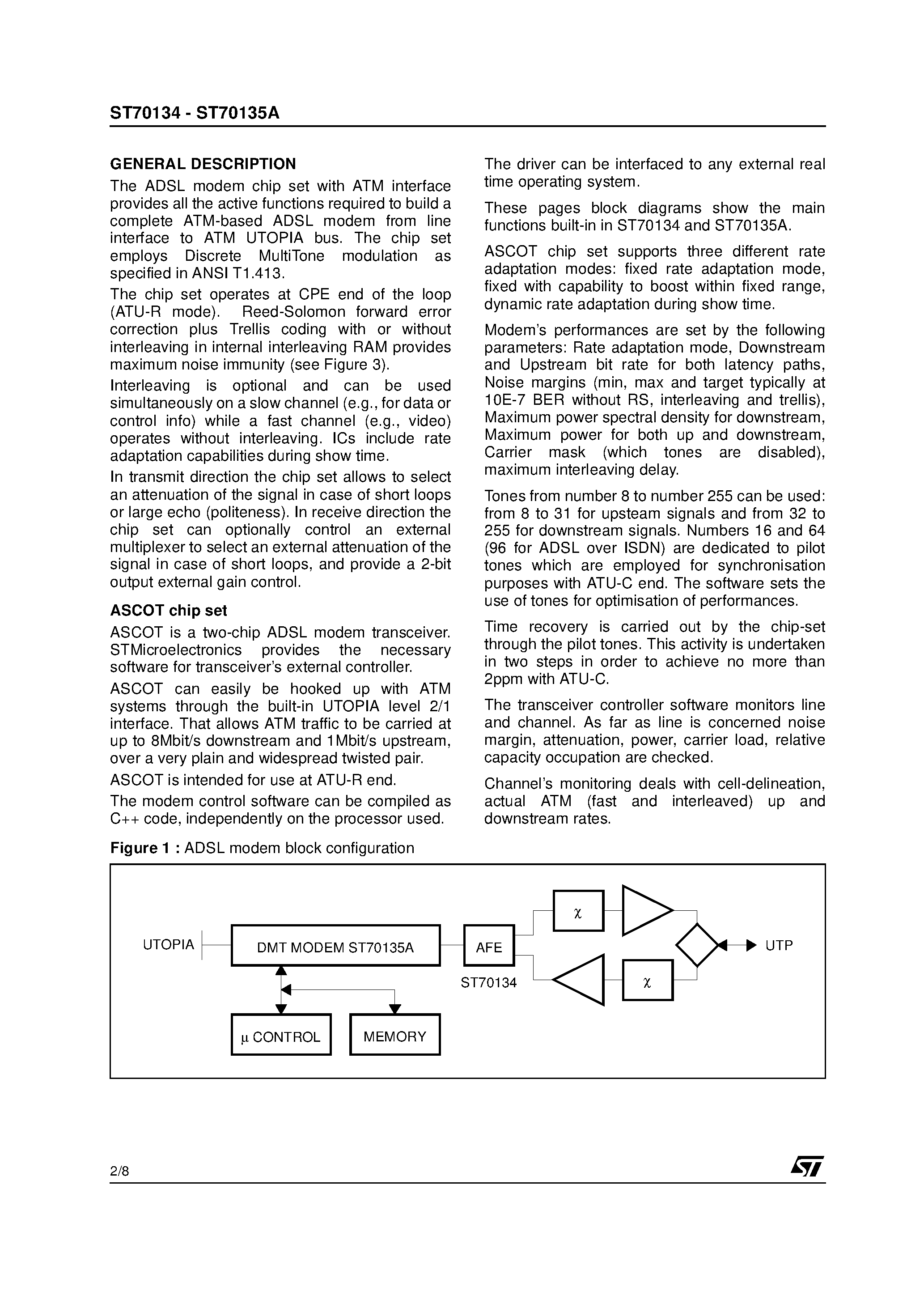 Даташит ST70134 - ASCOT ADSL MODEM CHIP SET FOR CPE страница 2