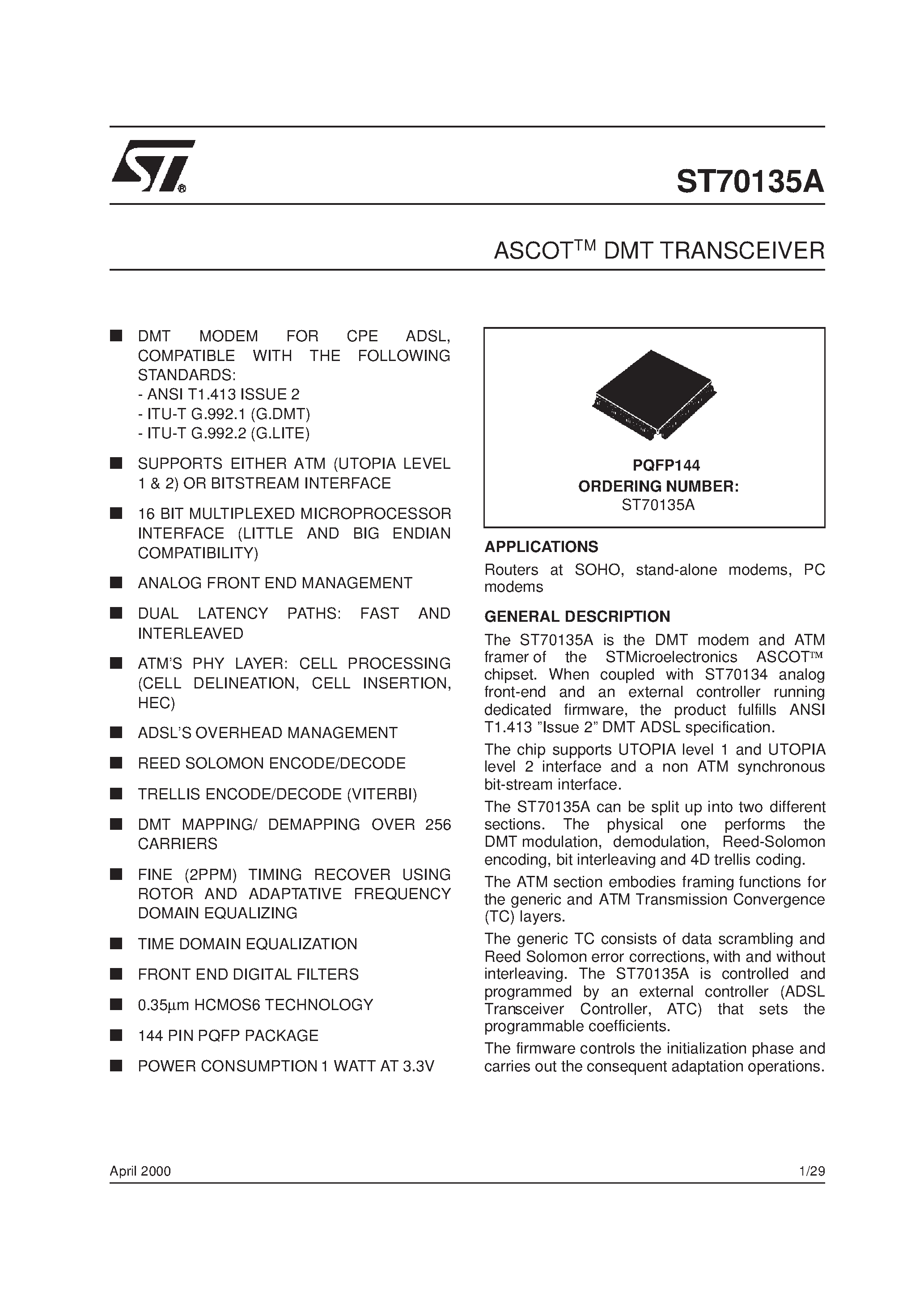 Даташит ST70135A - ASCOTTM DMT TRANSCEIVER страница 1