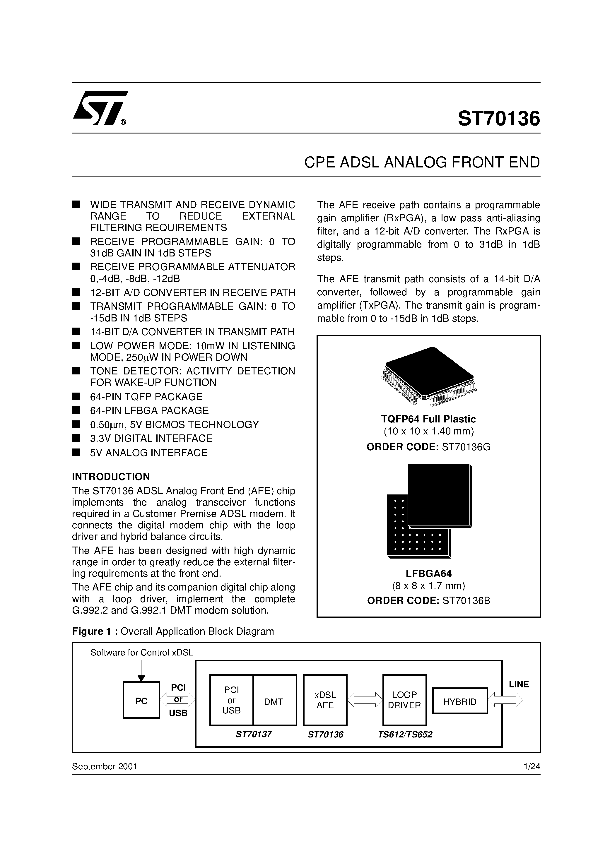 Даташит ST70136 - CPE ADSL ANALOG FRONT END страница 1