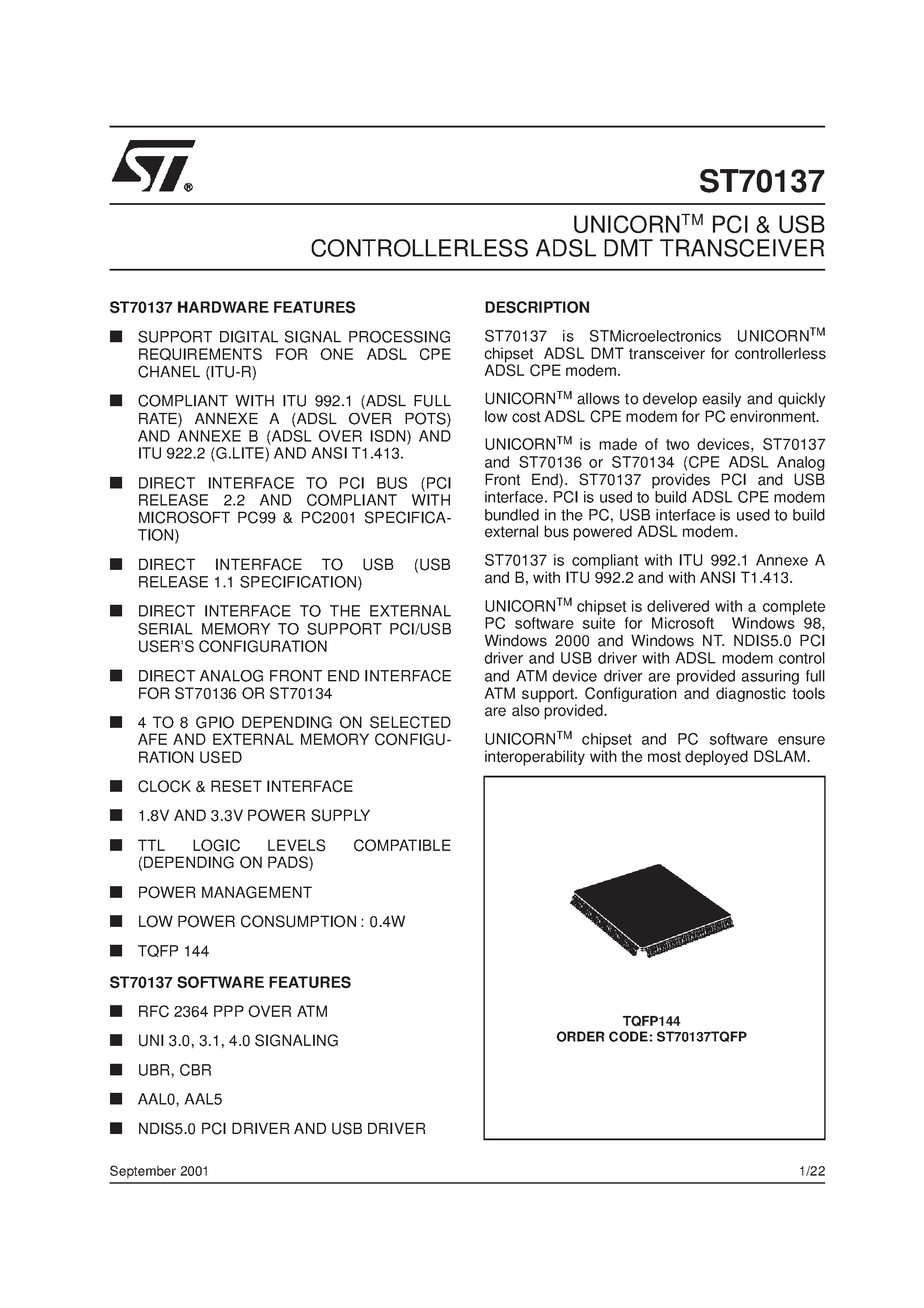 Даташит ST70137 - UNICORNTM PCI & USB CONTROLLERLESS ADSL DMT TRANSCEIVER страница 1