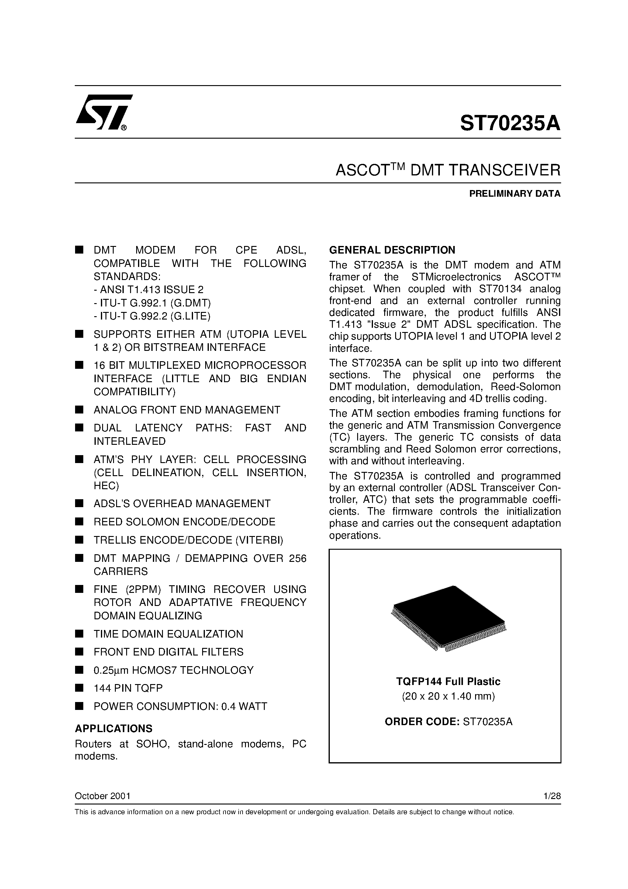 Даташит ST70235A - ASCOTTM DMT TRANSCEIVER страница 1