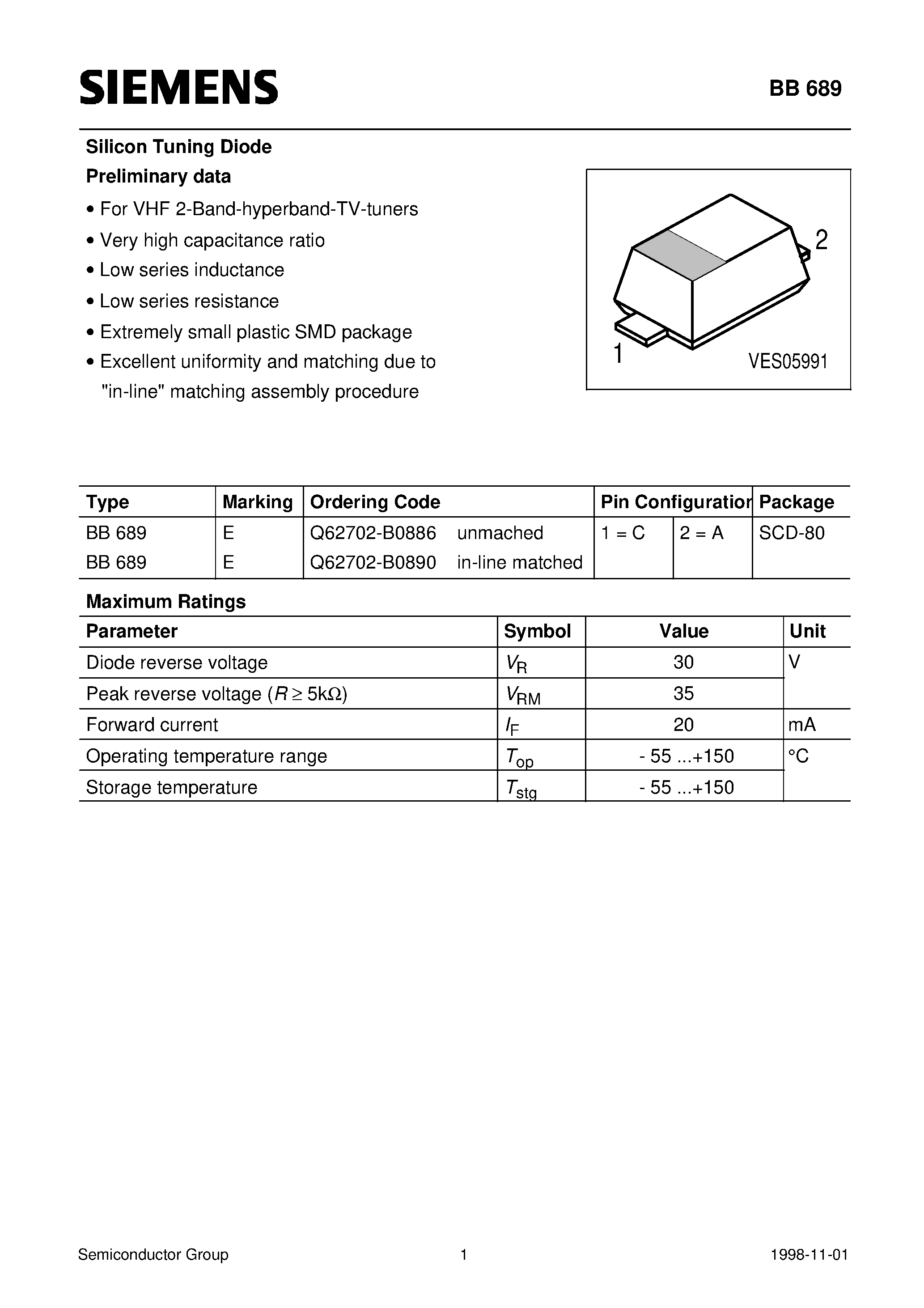 Datasheet BB689 - Silicon Tuning Diode (For VHF 2-Band-hyperband-TV-tuners Very high capacitance ratio Low series inductance Low series resistance) page 1