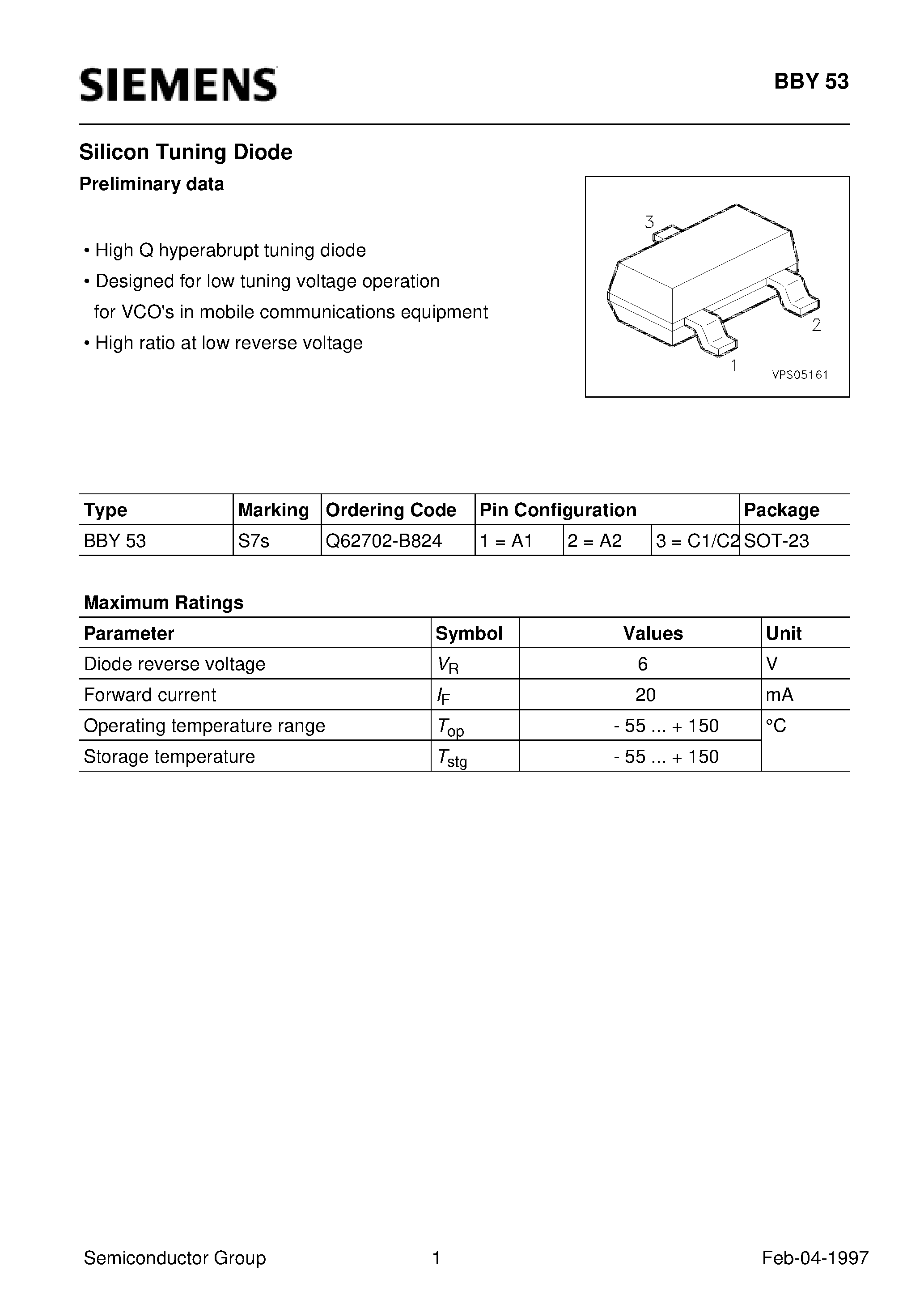 Даташит BBY53 - Silicon Tuning Diode (High Q hyperabrupt tuning diode Designed for low tuning voltage operation) страница 1