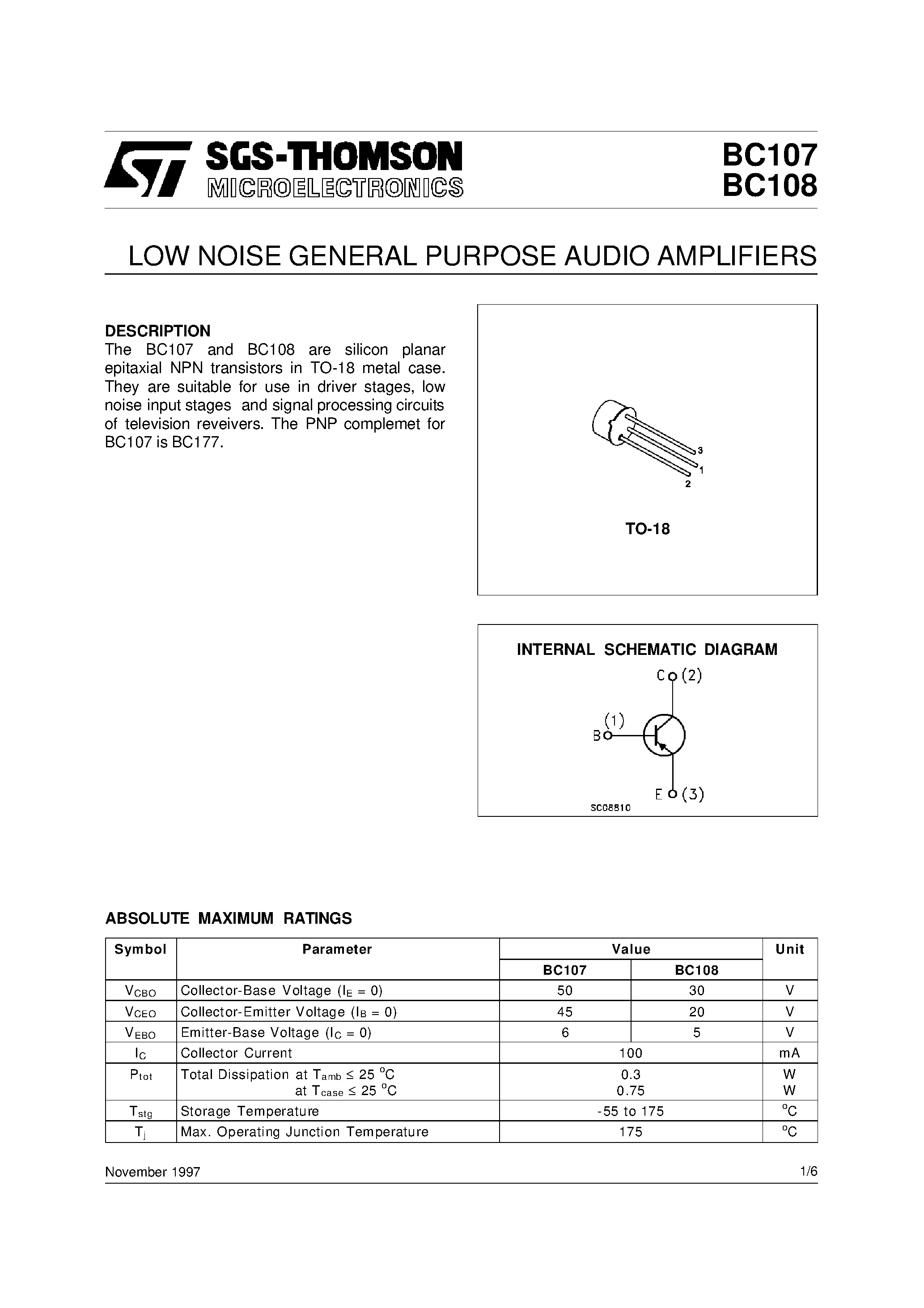 Datasheet BC107 - LOW NOISE GENERAL PURPOSE AUDIO AMPLIFIERS page 1