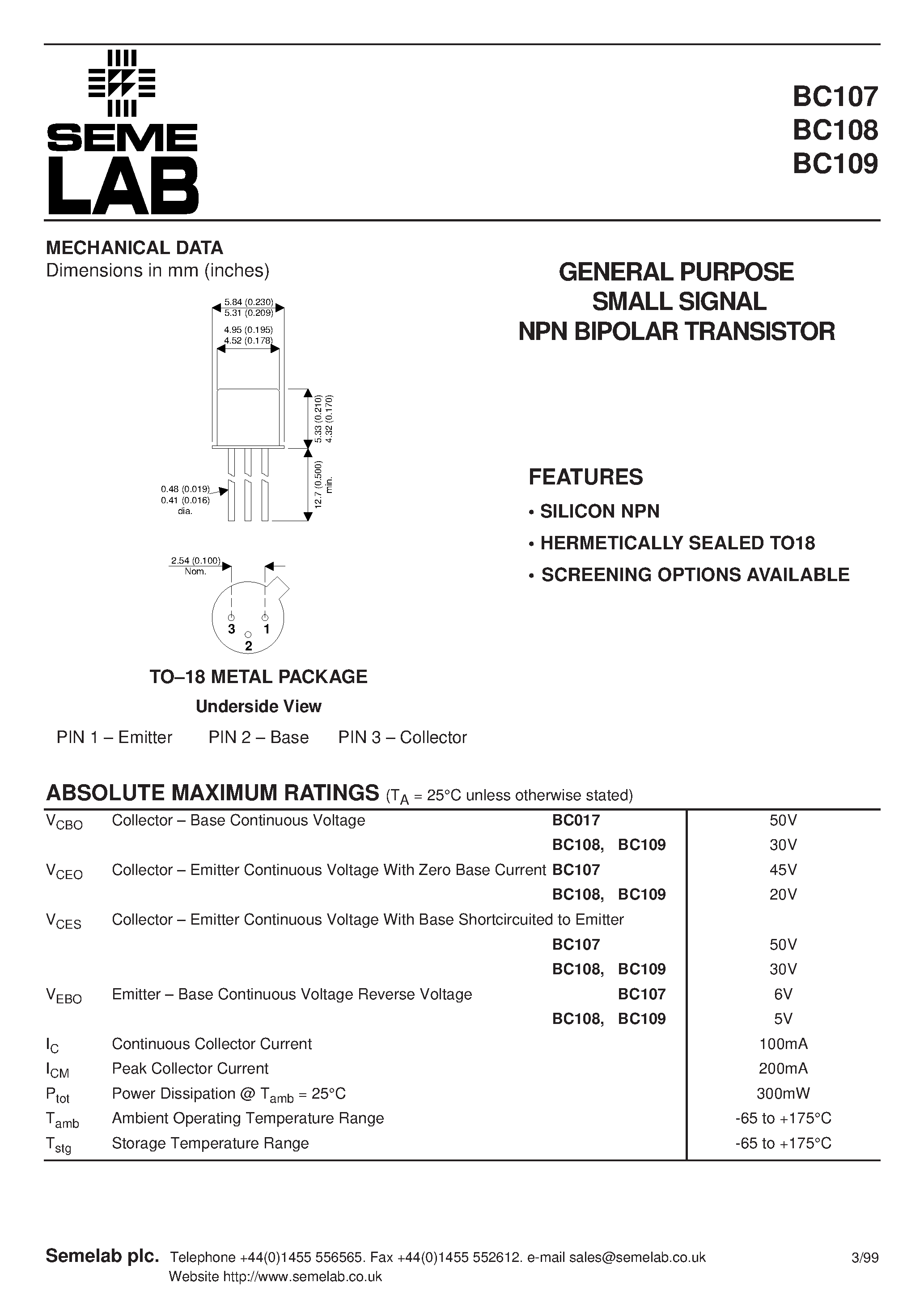 Datasheet BC107 - GENERAL PURPOSE SMALL SIGNAL NPN BIPOLAR TRANSISTOR page 1