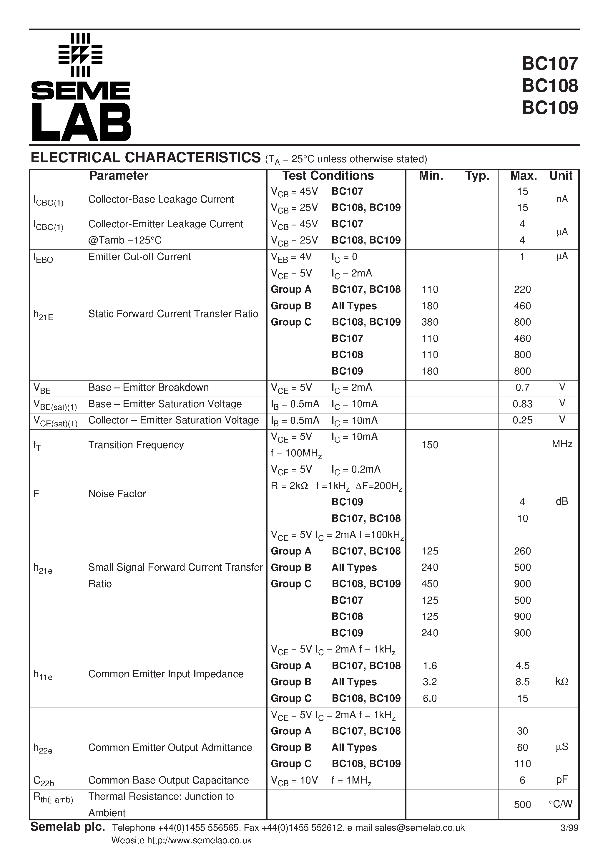 Datasheet BC107 - GENERAL PURPOSE SMALL SIGNAL NPN BIPOLAR TRANSISTOR page 2