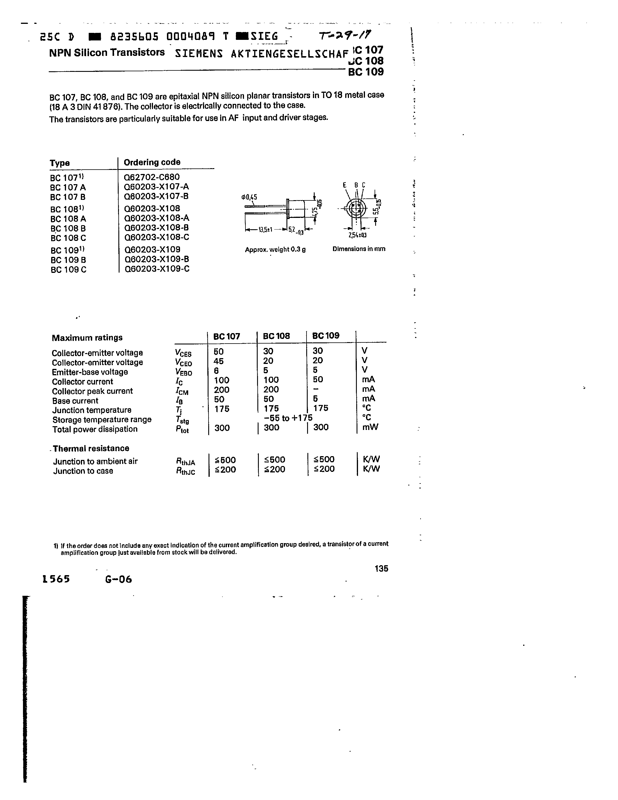 Datasheet BC107 - npn sisicon transistor page 1