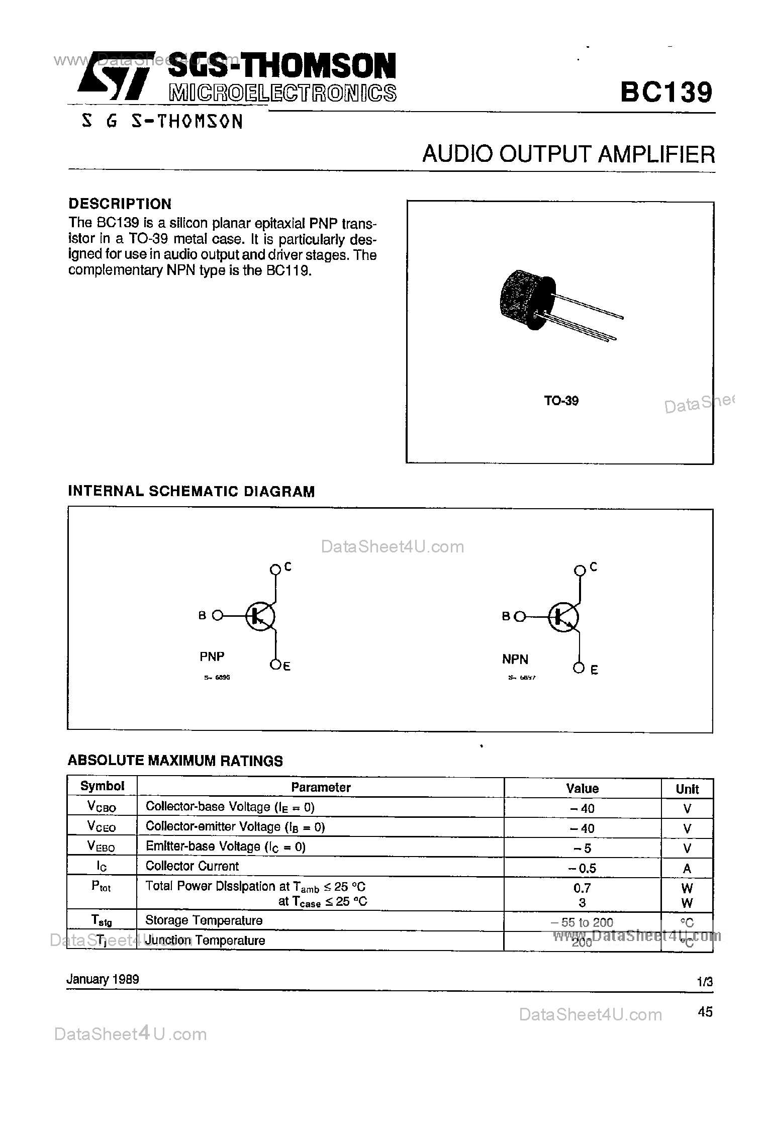 Datasheet BC139 - AUDIO OUTPUT AMPLIFIER page 1