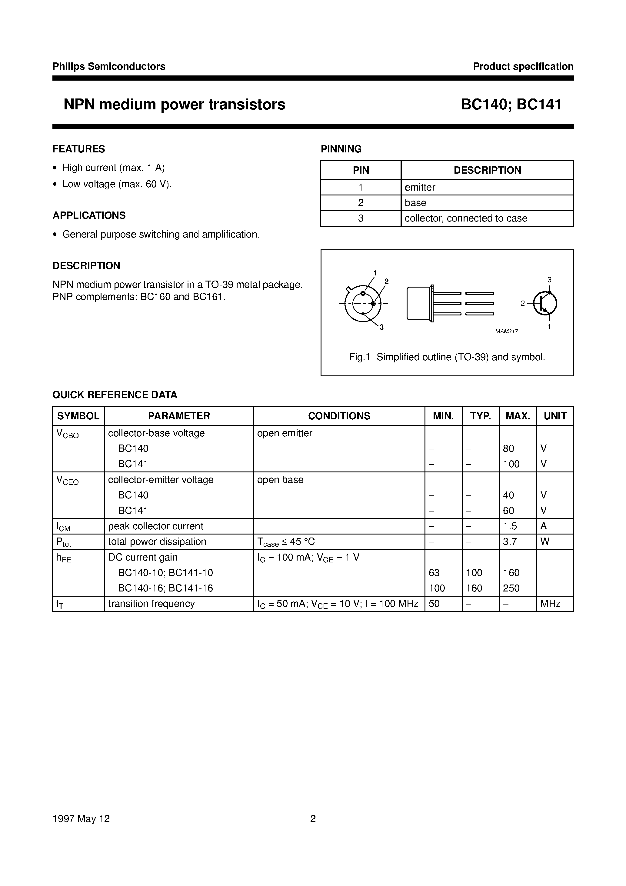 Datasheet BC140 - NPN medium power transistors page 2