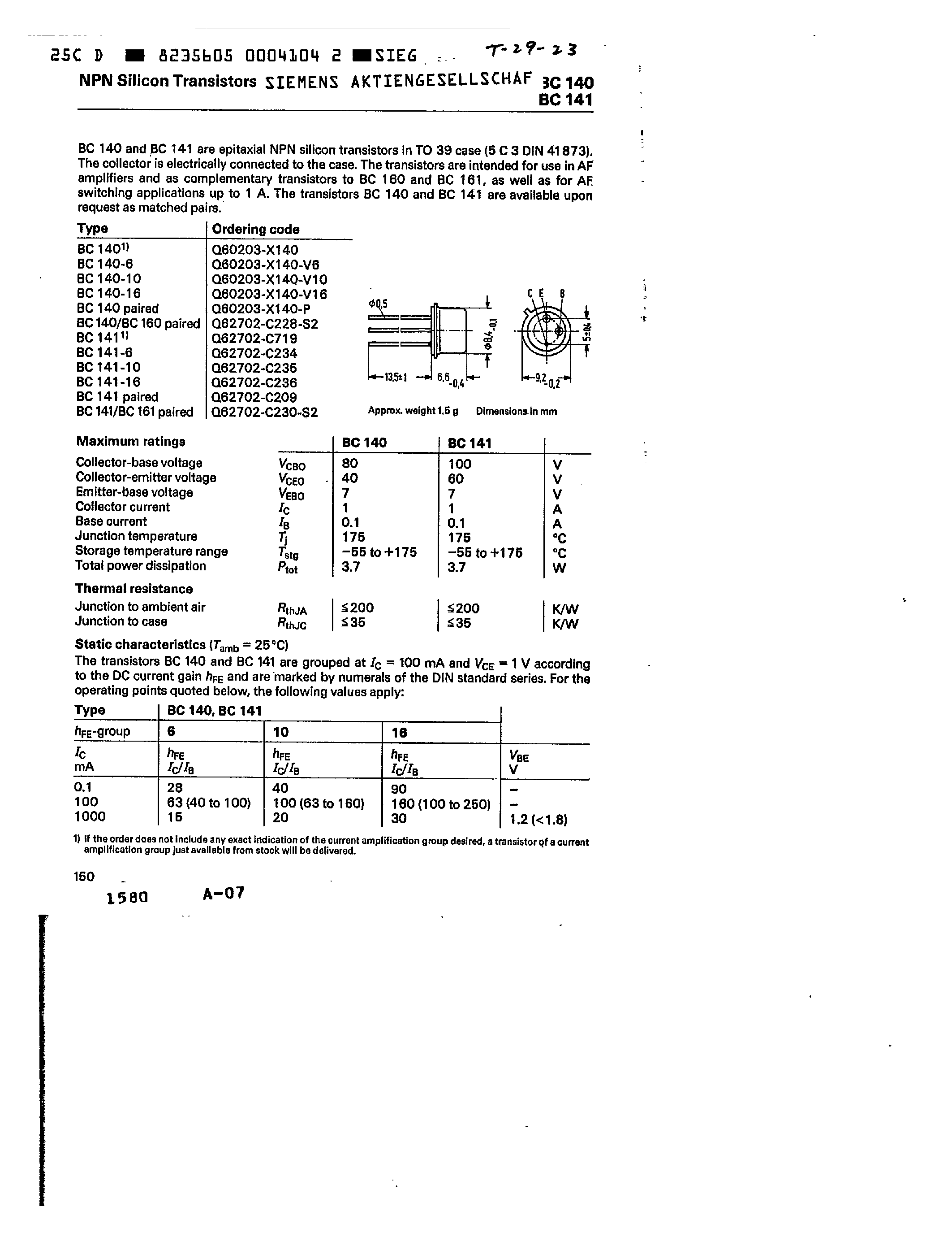 Datasheet BC140 - NPN SILICON TRANSISTORS page 1