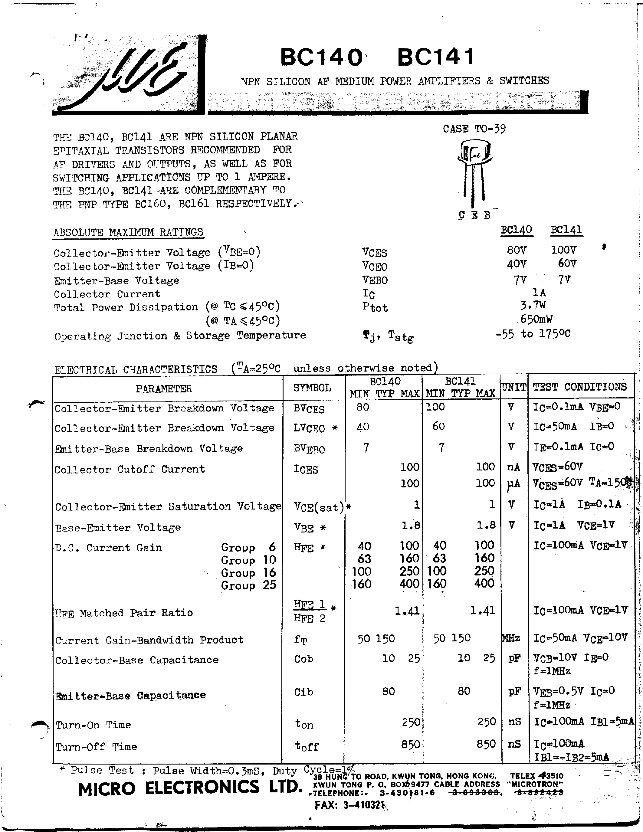 Datasheet BC140 - NPN SILICON AF MEDIUM POWER AMPLIFIERS & SWITCHES page 1