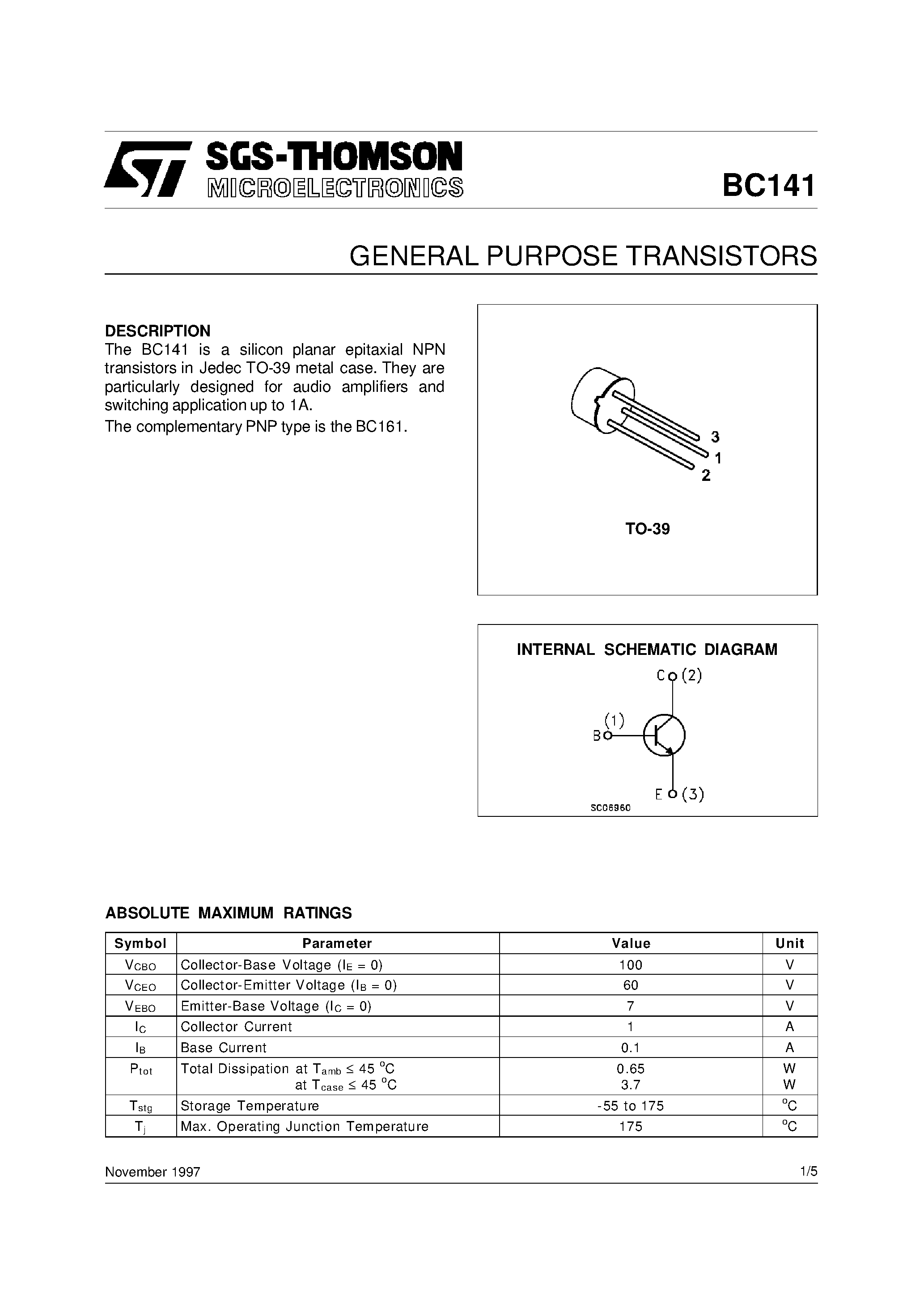 Datasheet BC141 - GENERAL PURPOSE TRANSISTORS page 1