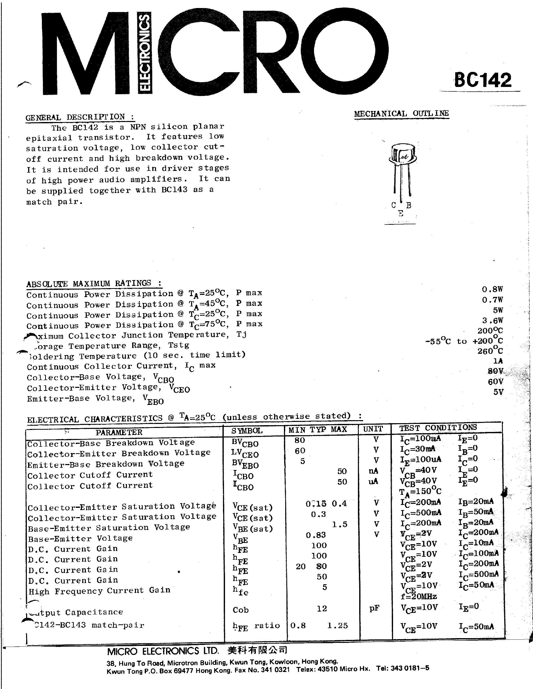 Datasheet BC142 - NPN SILICON PLANAR EPITAXIAL TRANSISTOR page 1