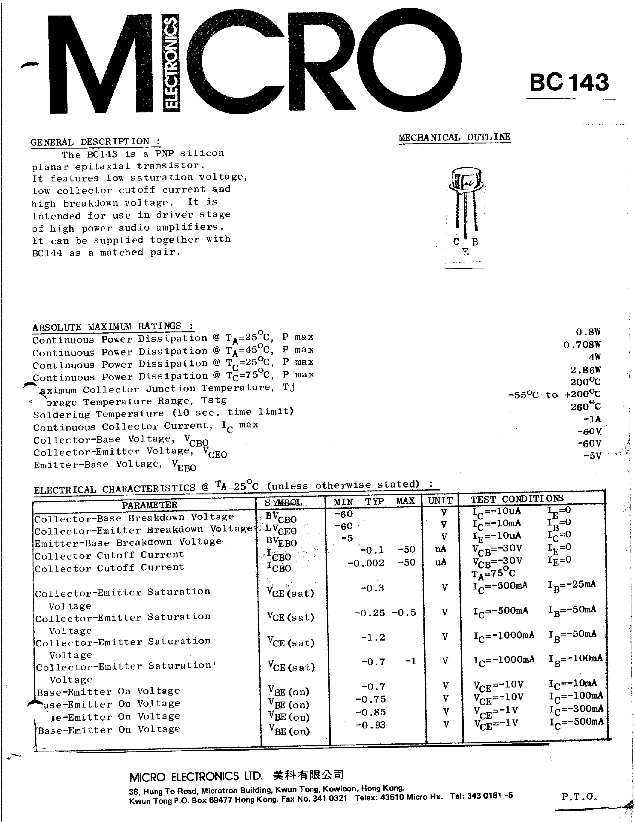 Datasheet BC143 - PNP SILICON PLANAR EPITAXIAL TRANSISTOR page 1