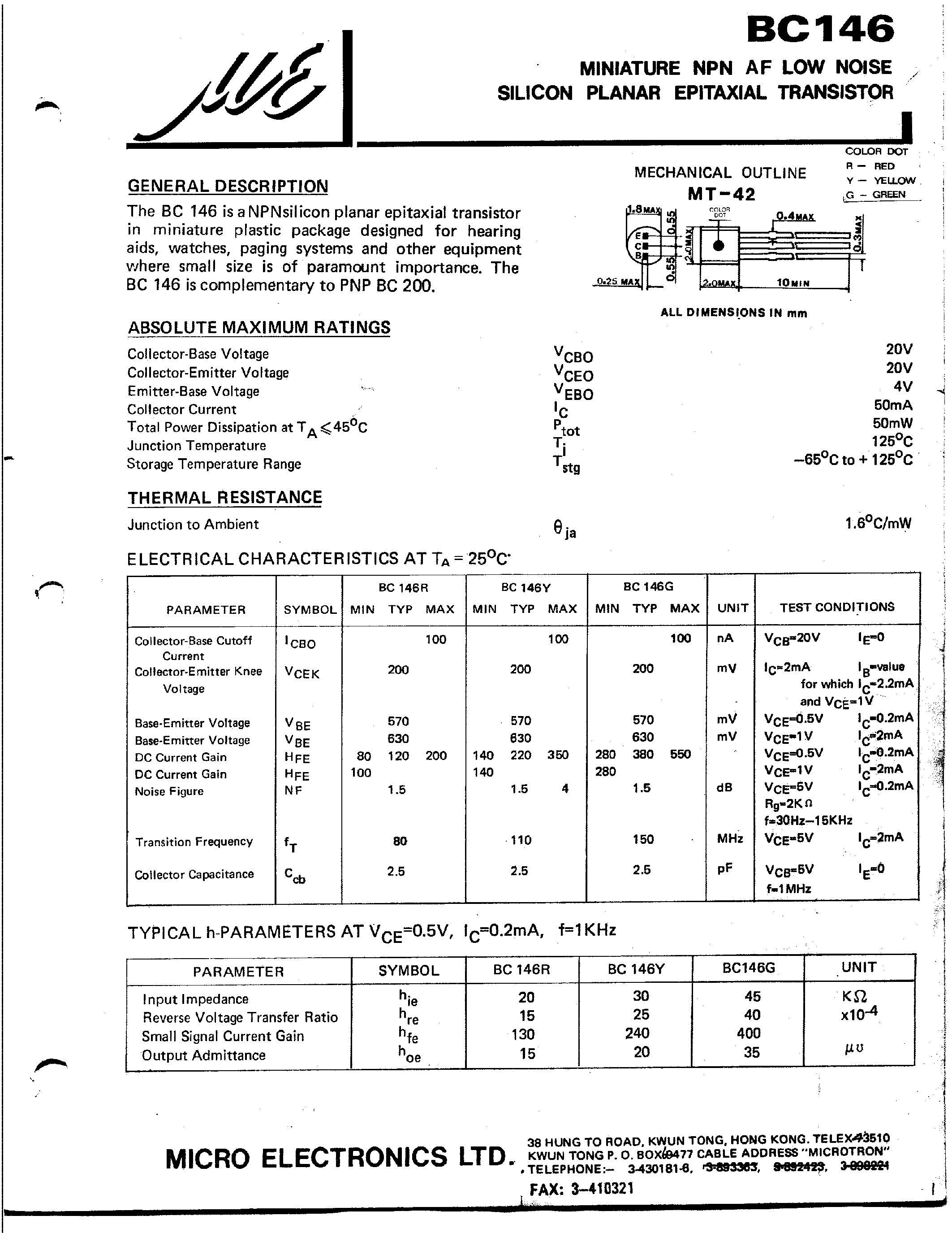 Datasheet BC146 - MINIATURE NPN AF LOW NOISE SILICON PLANAR EPITAXIAL TRANSISTOR page 1