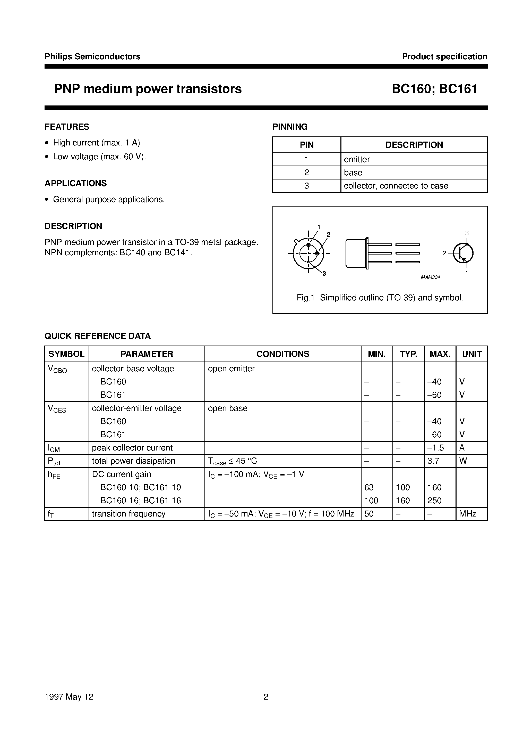 Datasheet BC160 - PNP medium power transistors page 2