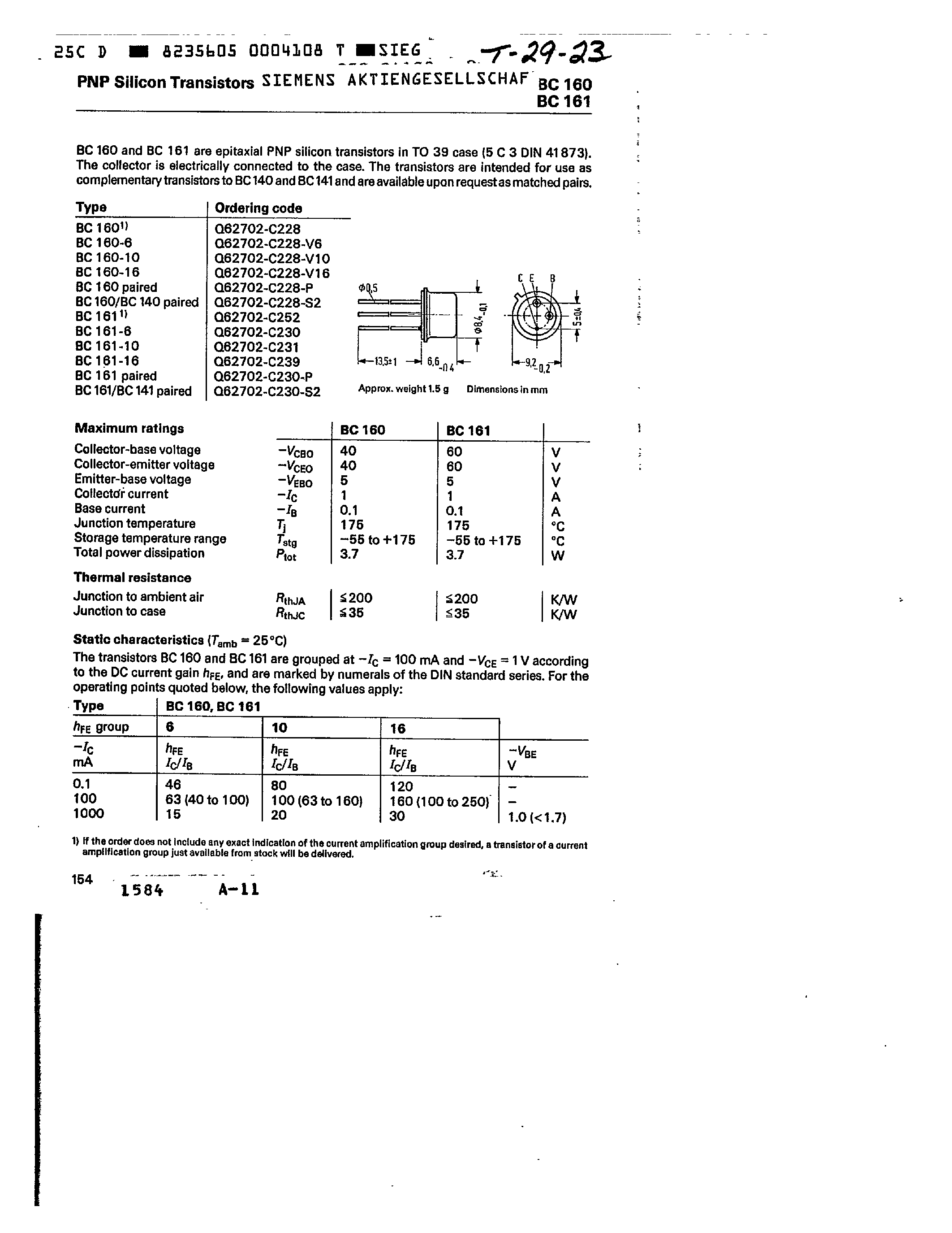 Datasheet BC160 - PNP SILICON TRANSISTORS page 1