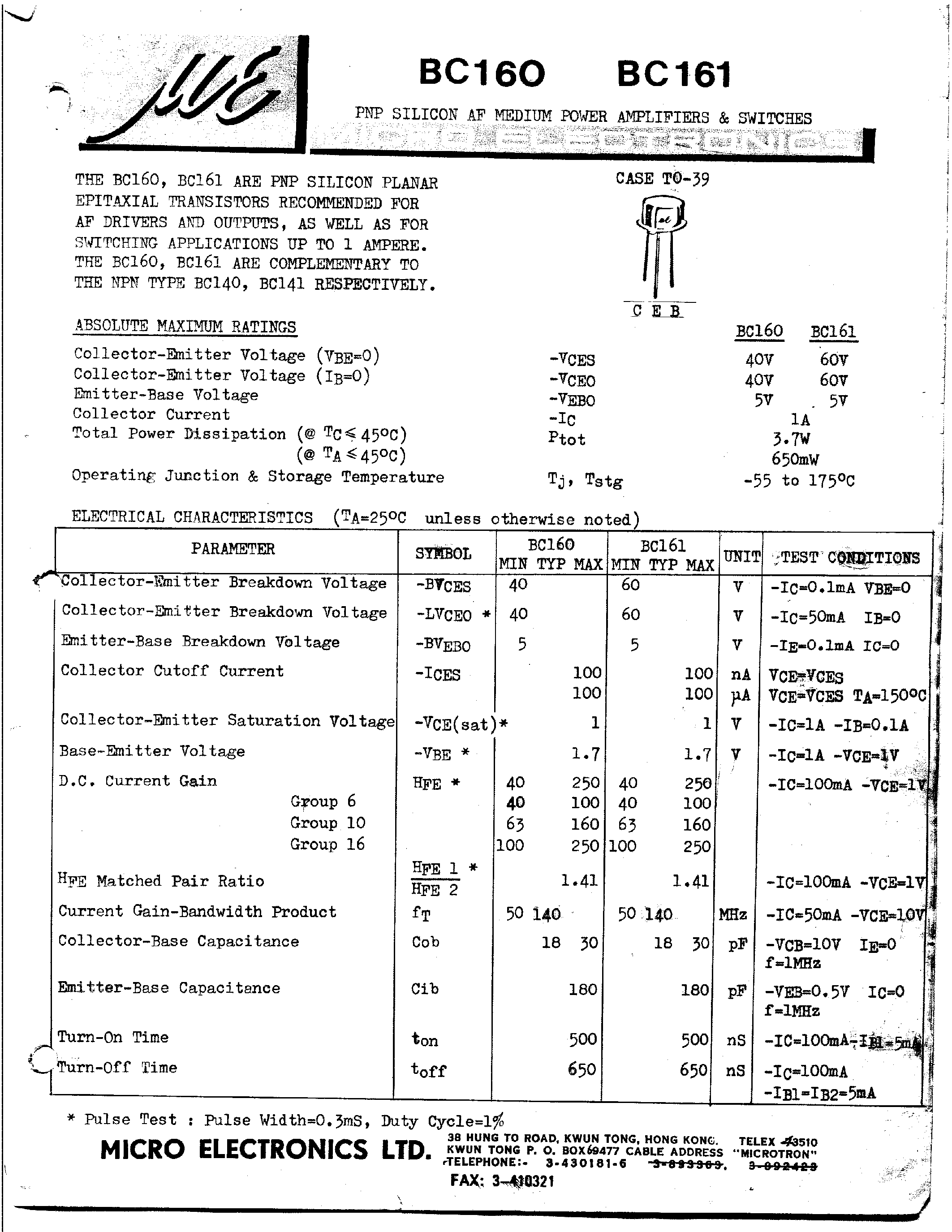 Datasheet BC160 - PNP SILICON AF MEDIUM POWER AMPLIFIERS & SWITCHES page 1