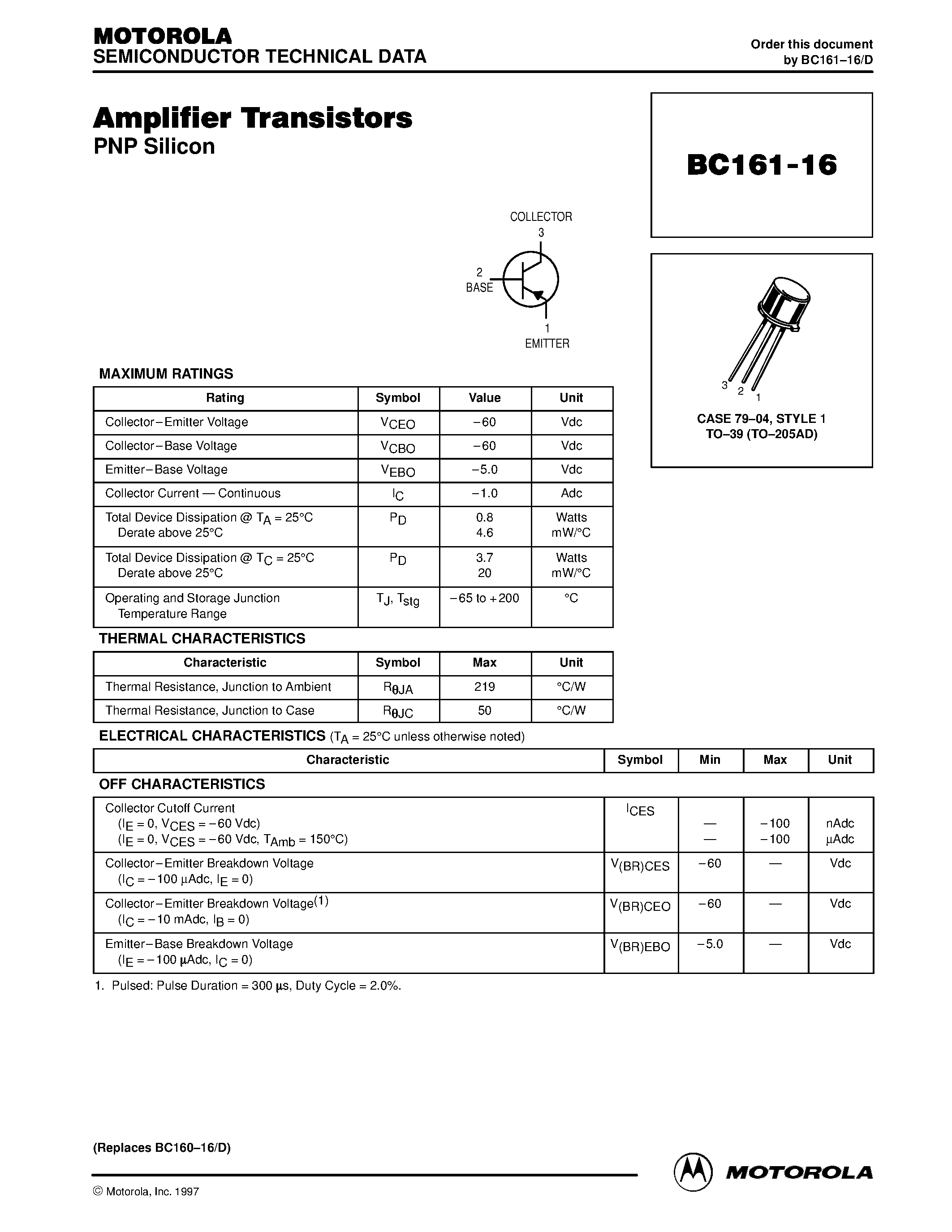 Datasheet BC16116 - Amplifier Transistors PNP Silicon page 1