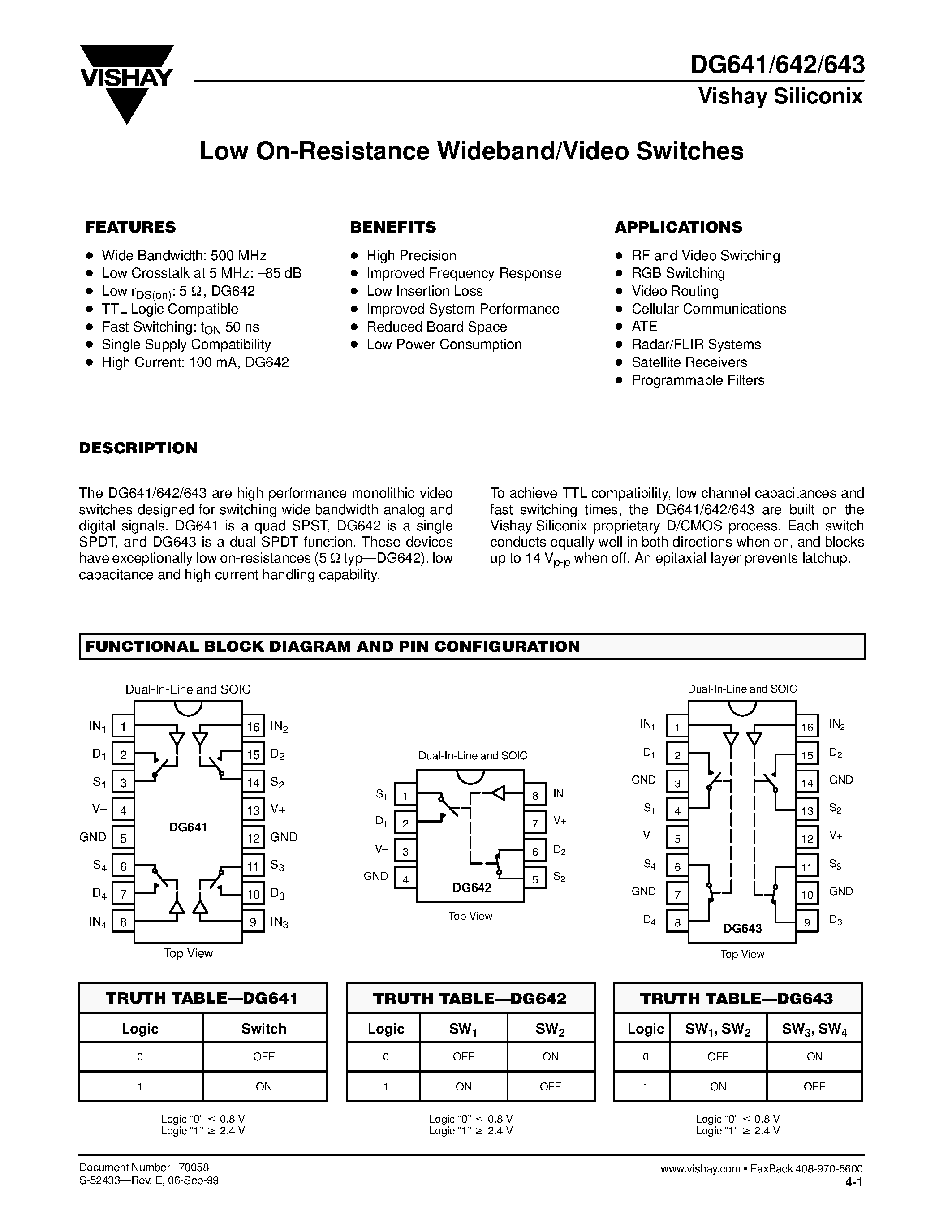 Datasheet DG641 - Low On-Resistance Wideband/Video Switches page 1