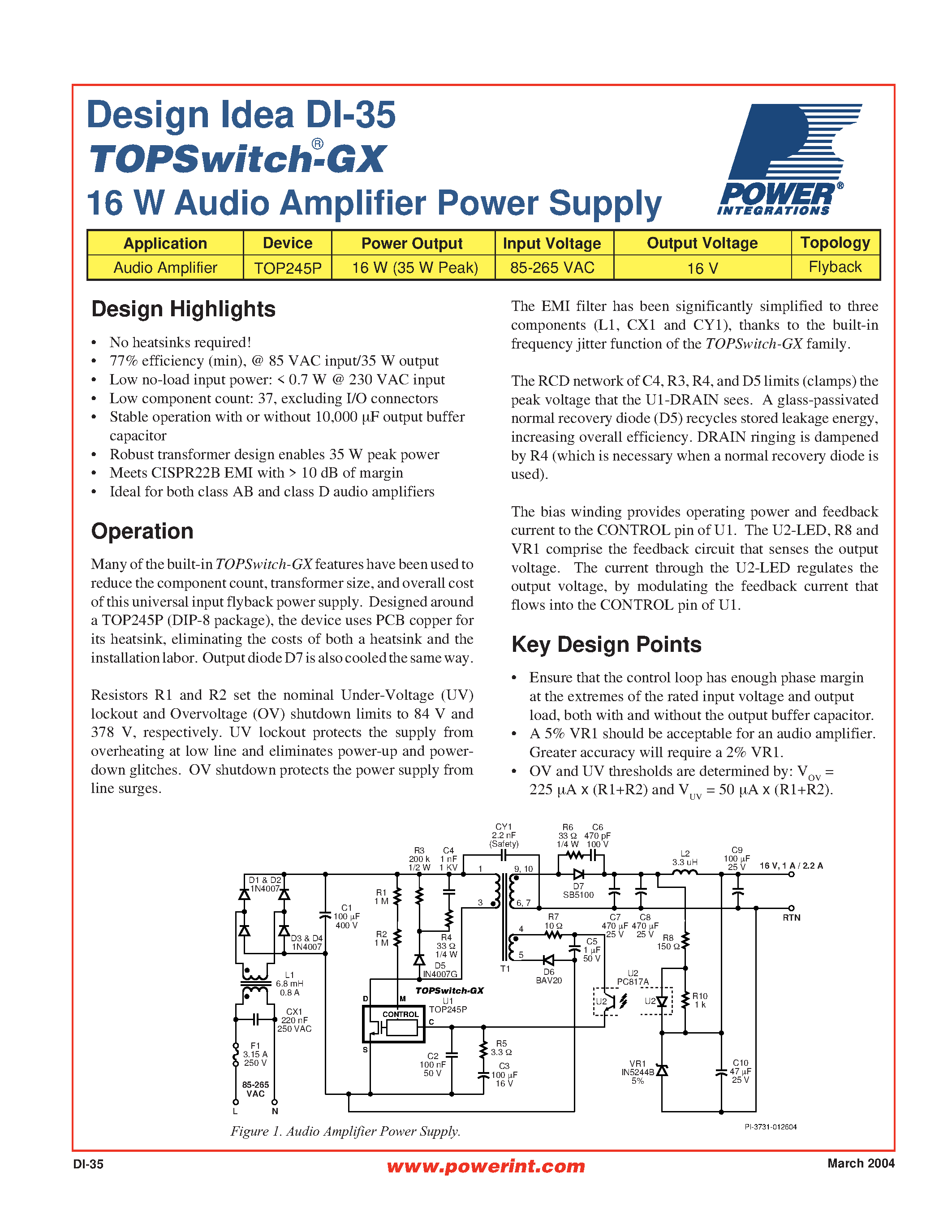 Даташит DI35 - 16 W Audio Amplifier Power Supply страница 1