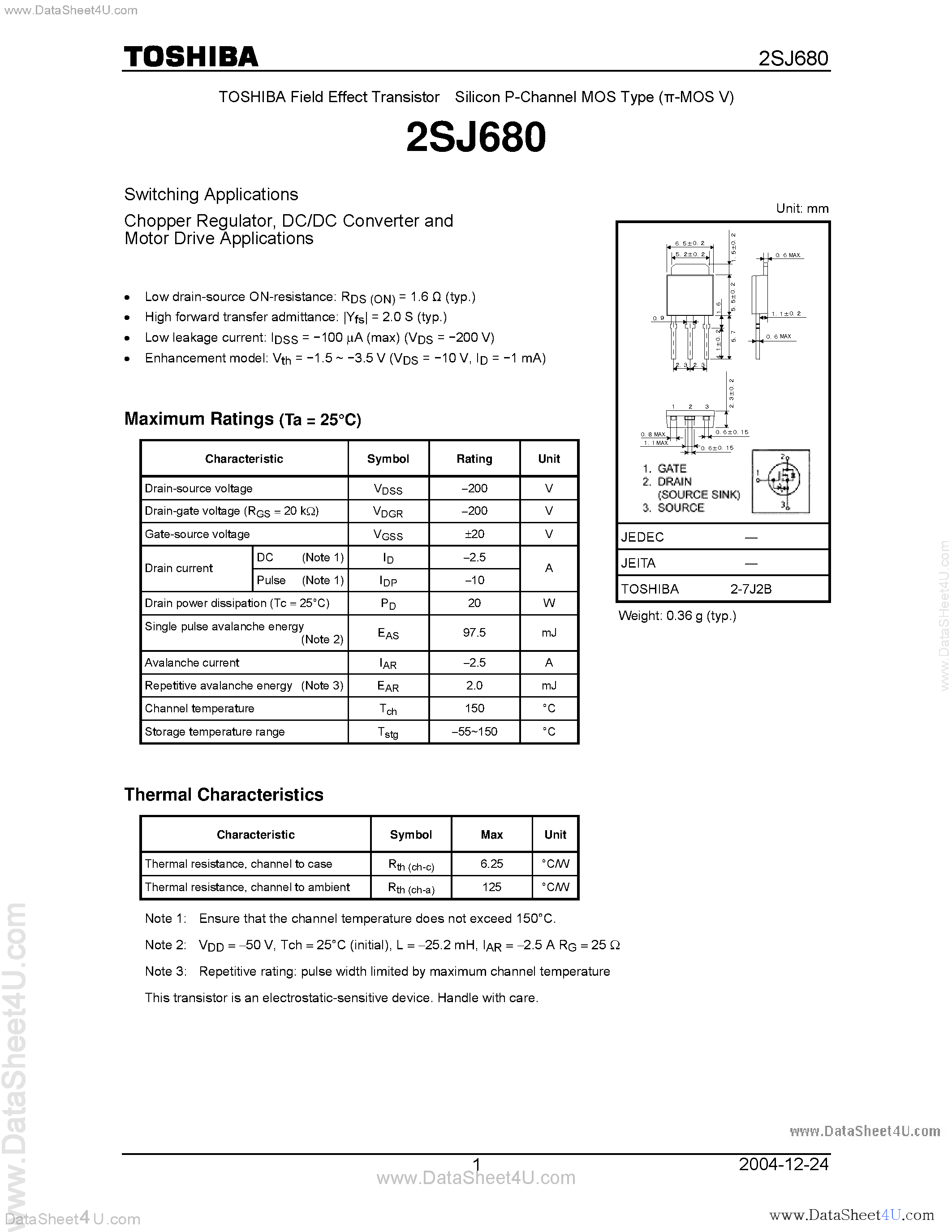 Datasheet 2SJ680 - Field Effect Transistor / Silicon P-Channel MOS Type page 1